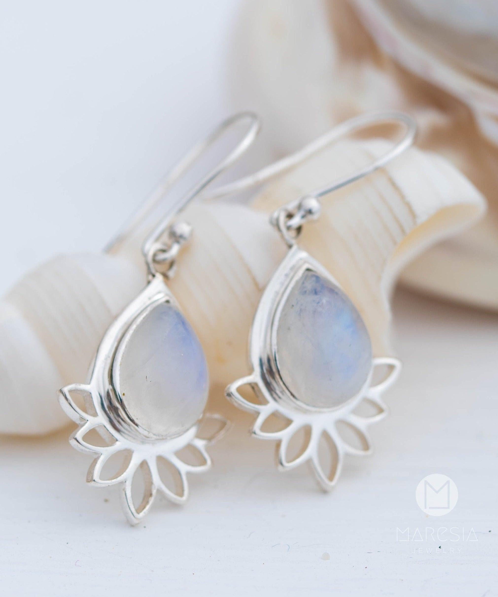 Lotus flower Turquoise or Moonstone Earrings ~ Gemstone ~ Dangle ~ Sterling Silver 925 ~ Jewelry ~ Blue ~ Handmade~ ME155A