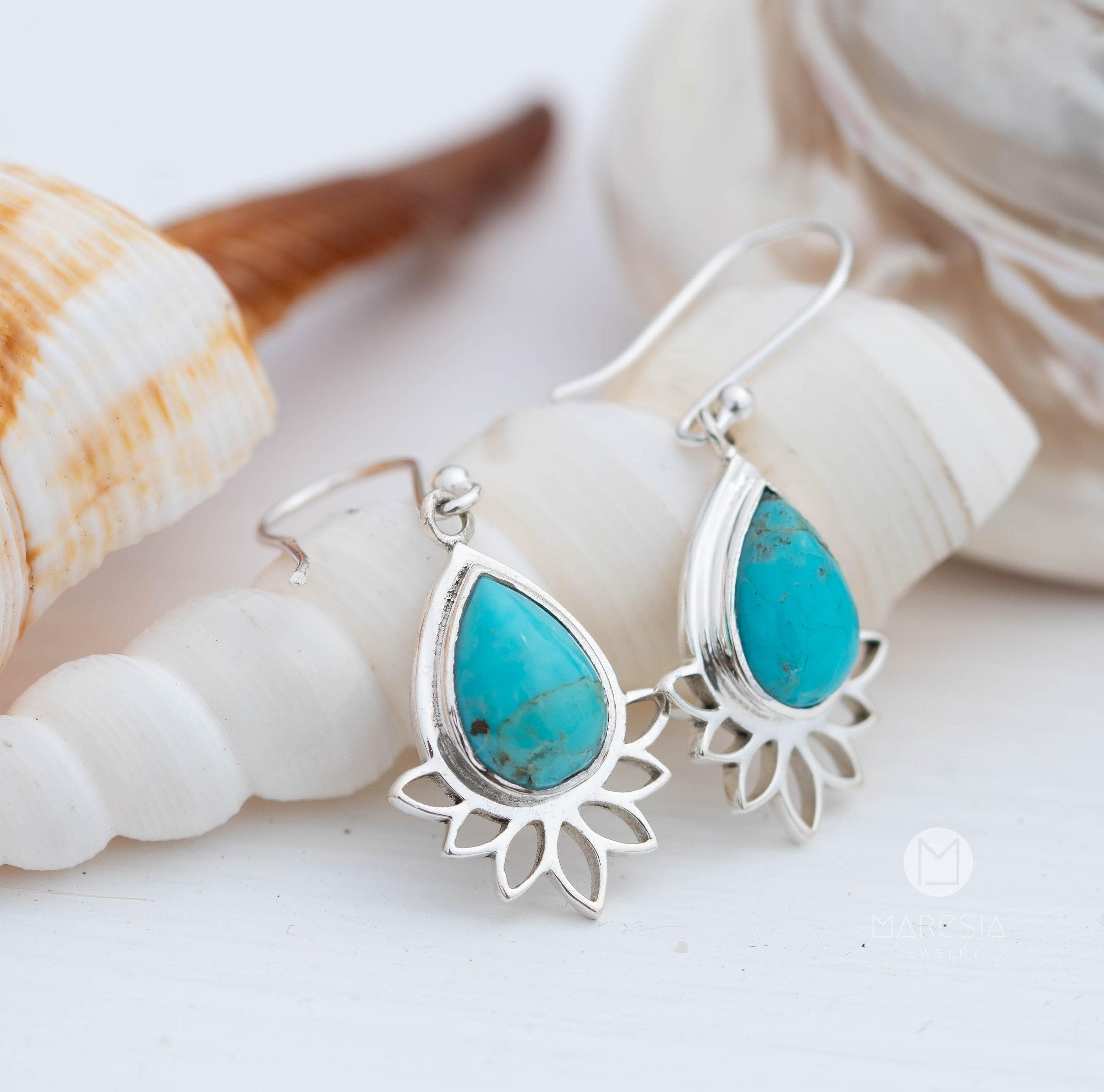 Lotus flower Turquoise or Moonstone Earrings ~ Gemstone ~ Dangle ~ Sterling Silver 925 ~ Jewelry ~ Blue ~ Handmade~ ME155A