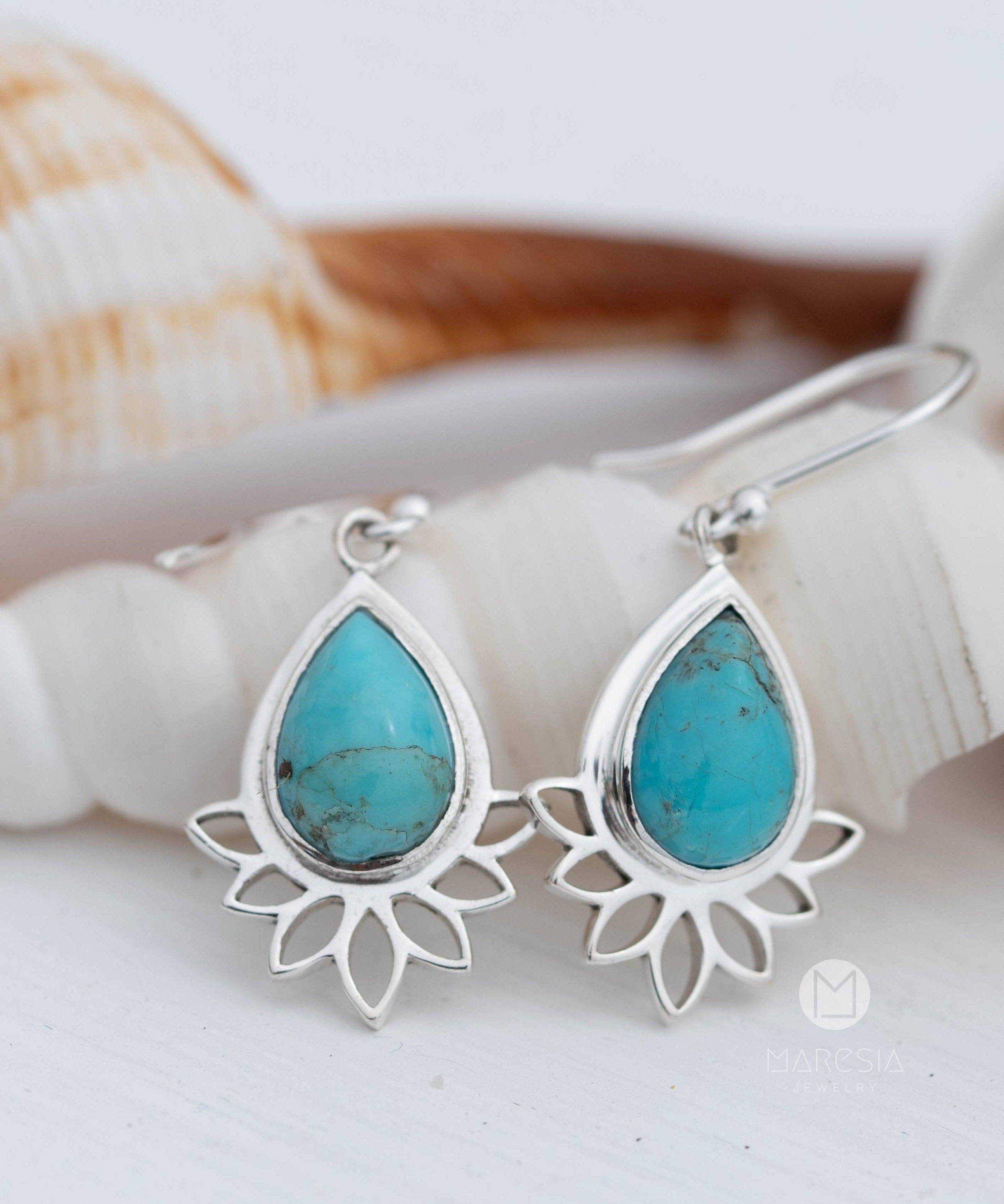 Lotus flower Turquoise or Moonstone Earrings ~ Gemstone ~ Dangle ~ Sterling Silver 925 ~ Jewelry ~ Blue ~ Handmade~ ME155A