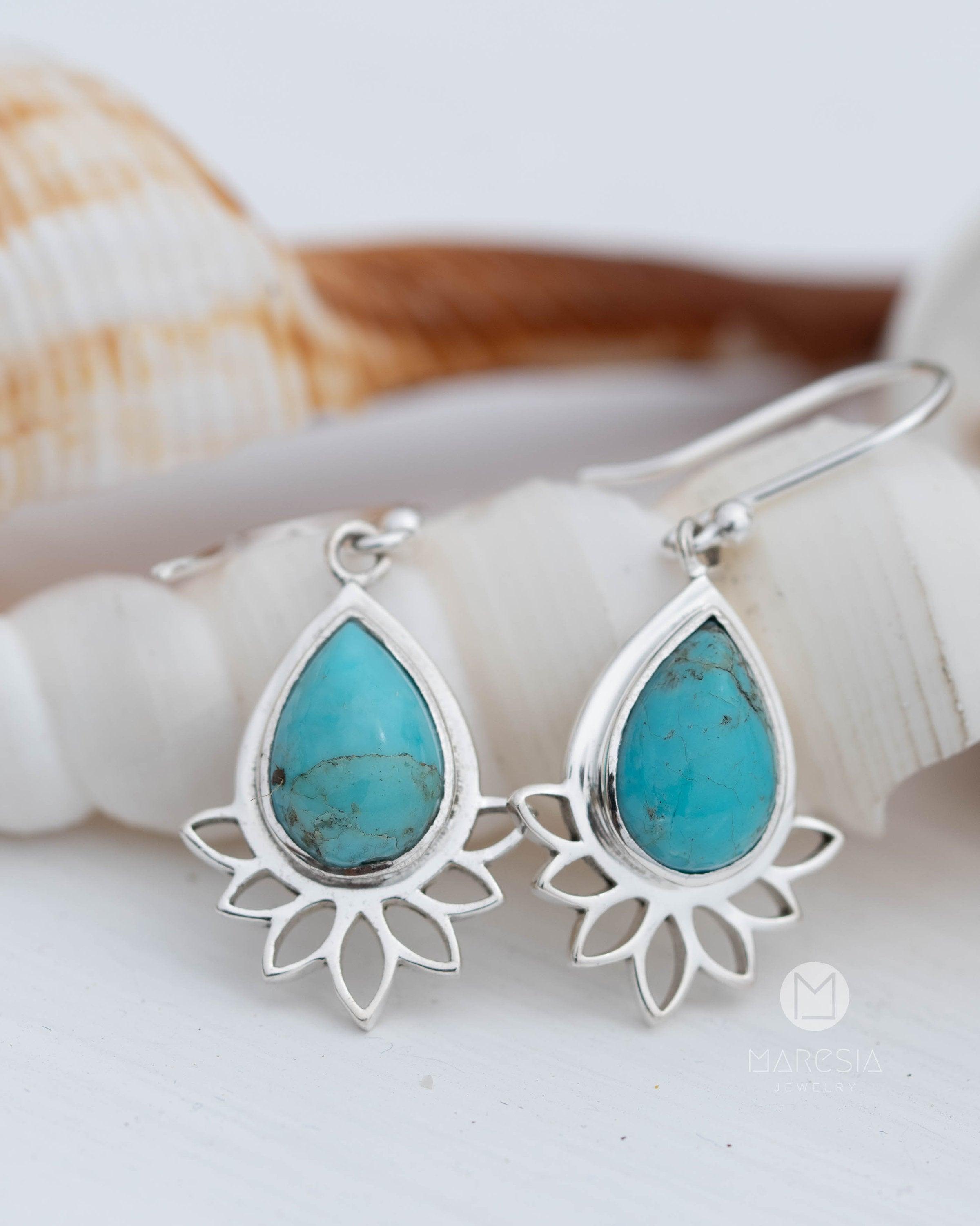 Lotus flower Turquoise or Moonstone Earrings ~ Gemstone ~ Dangle ~ Sterling Silver 925 ~ Jewelry ~ Blue ~ Handmade~ ME155A
