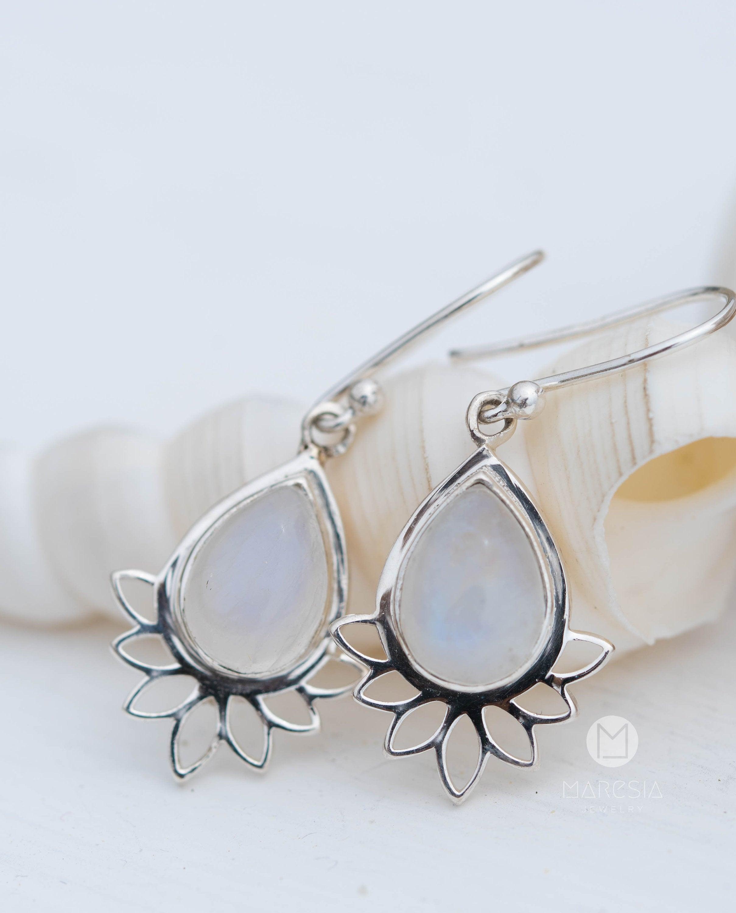 Lotus flower Turquoise or Moonstone Earrings ~ Gemstone ~ Dangle ~ Sterling Silver 925 ~ Jewelry ~ Blue ~ Handmade~ ME155A