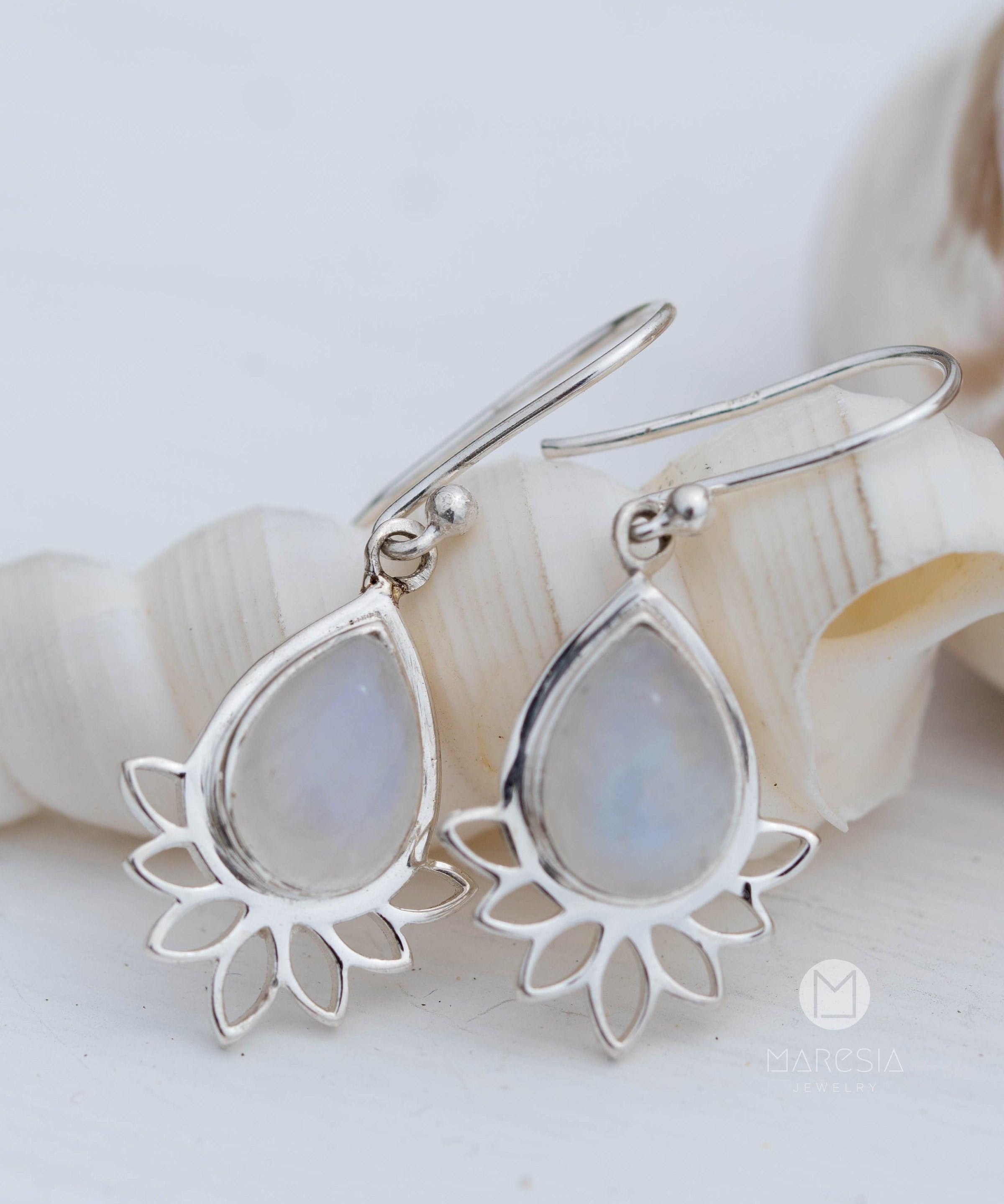 Lotus flower Turquoise or Moonstone Earrings ~ Gemstone ~ Dangle ~ Sterling Silver 925 ~ Jewelry ~ Blue ~ Handmade~ ME155A
