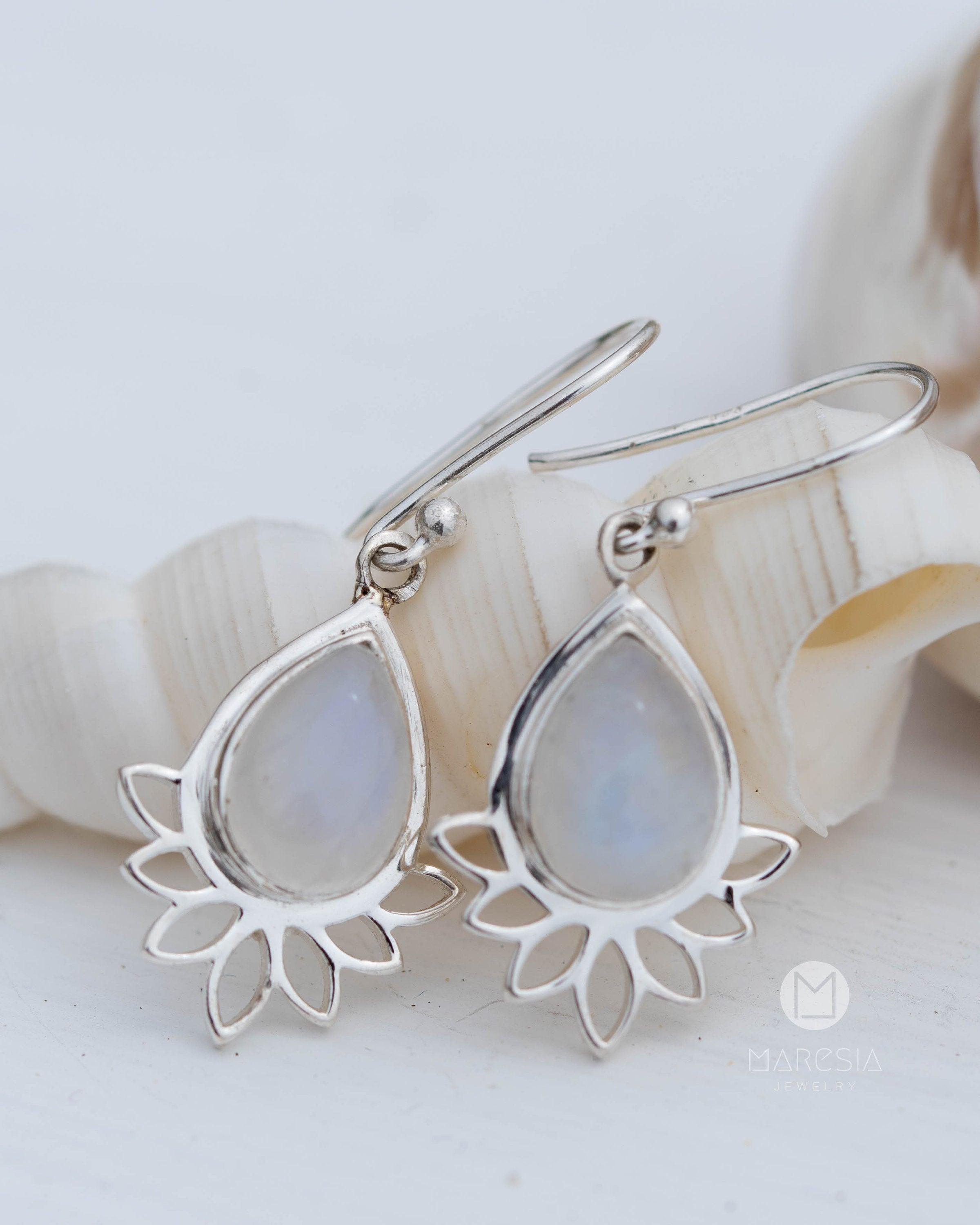 Lotus flower Turquoise or Moonstone Earrings ~ Gemstone ~ Dangle ~ Sterling Silver 925 ~ Jewelry ~ Blue ~ Handmade~ ME155A