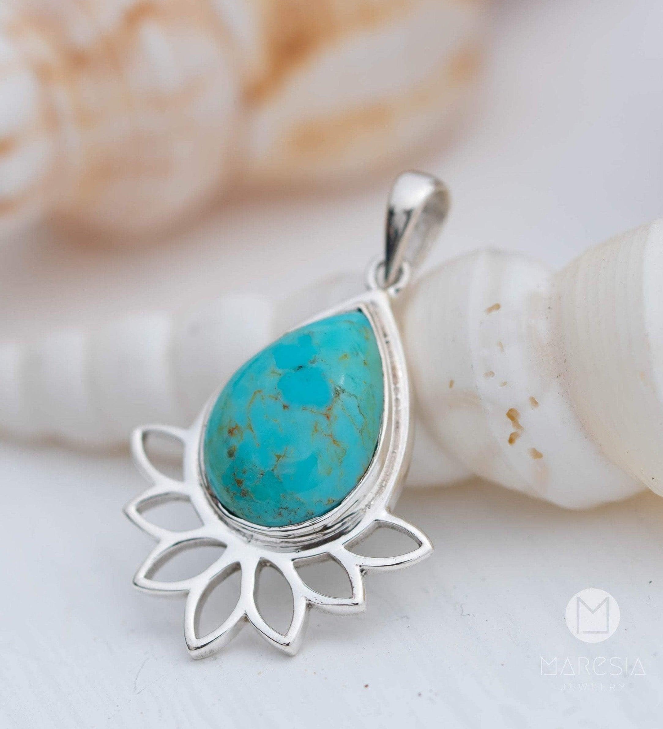 Lotus flower Turquoise or Moonstone Pendant ~ Sterling Silver 925 ~ Necklace ~ Sterling Silver ~ MP002