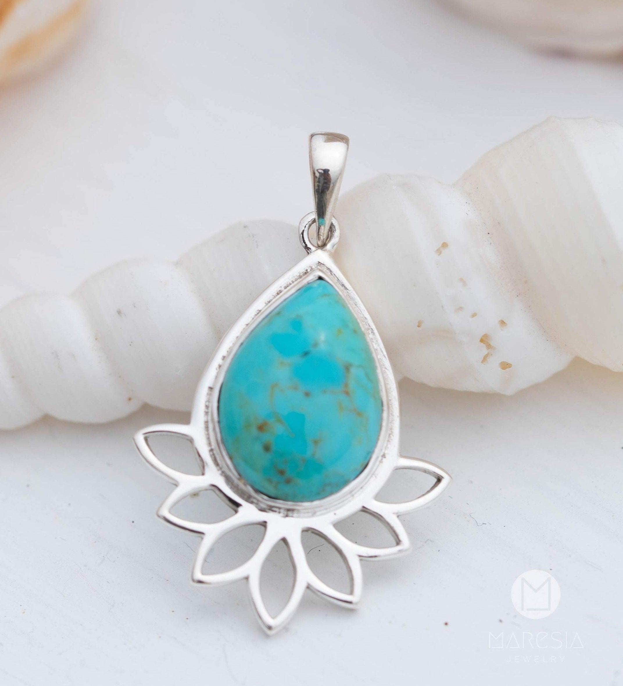 Lotus flower Turquoise or Moonstone Pendant ~ Sterling Silver 925 ~ Necklace ~ Sterling Silver ~ MP002