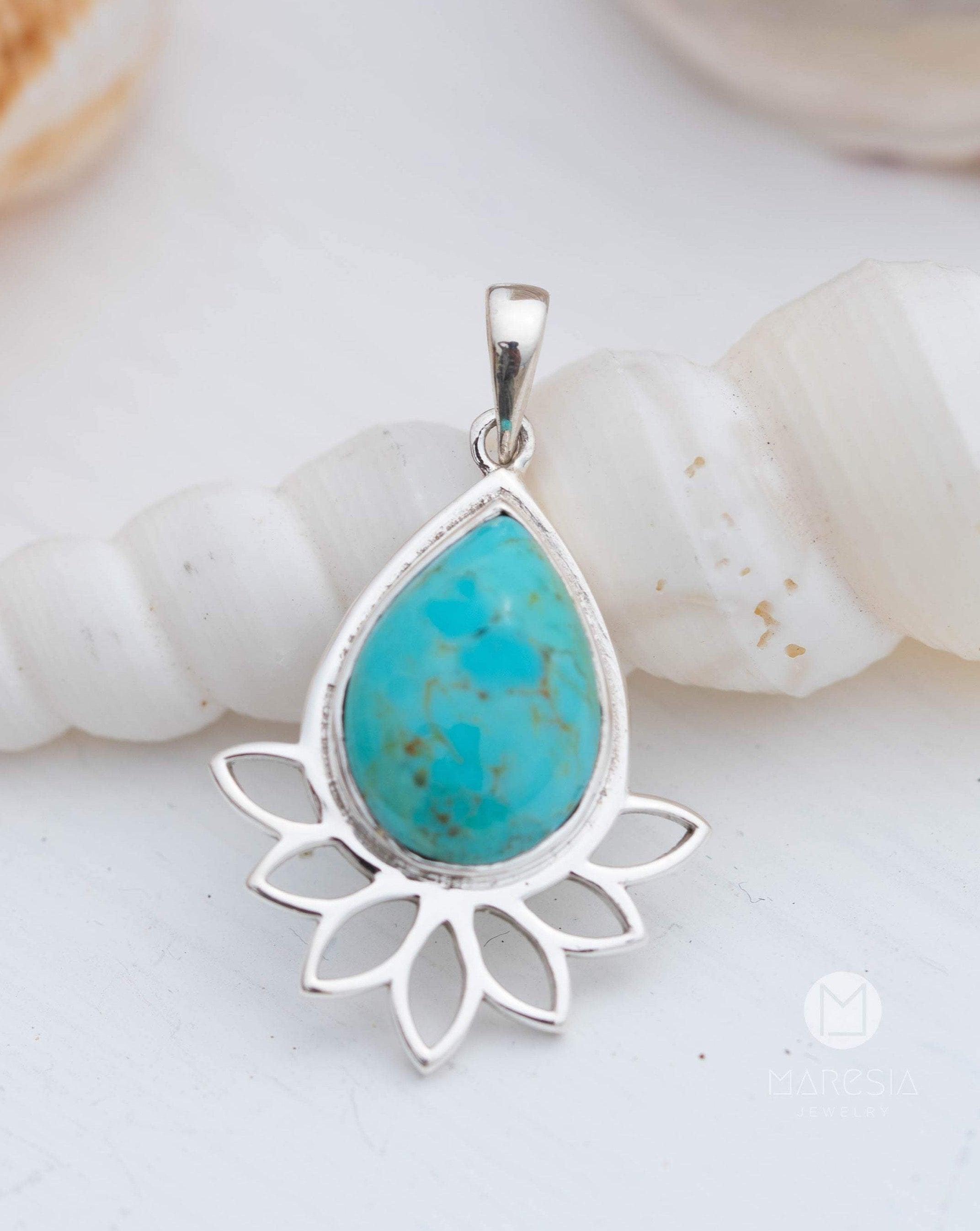 Lotus flower Turquoise or Moonstone Pendant ~ Sterling Silver 925 ~ Necklace ~ Sterling Silver ~ MP002