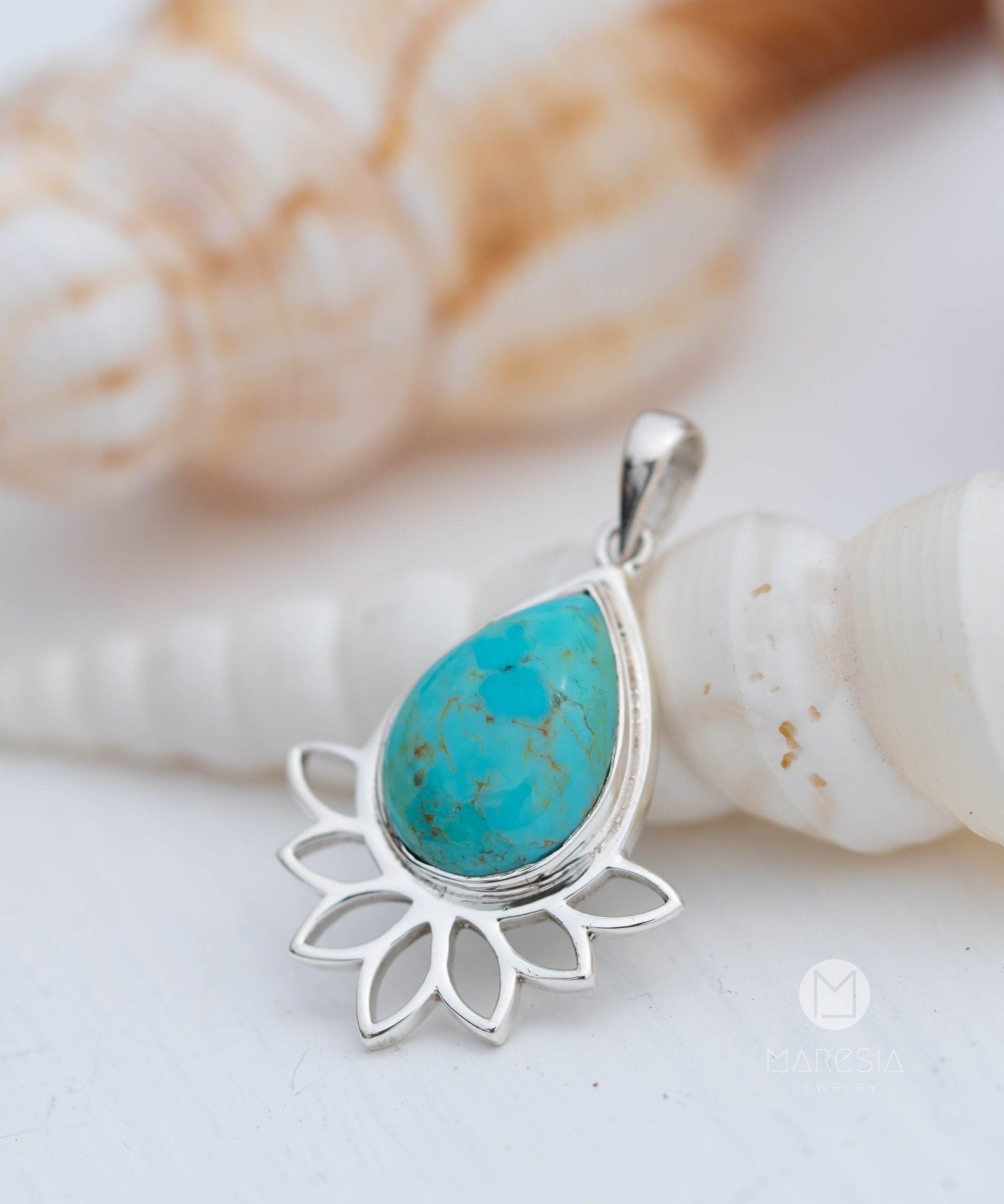 Lotus flower Turquoise or Moonstone Pendant ~ Sterling Silver 925 ~ Necklace ~ Sterling Silver ~ MP002