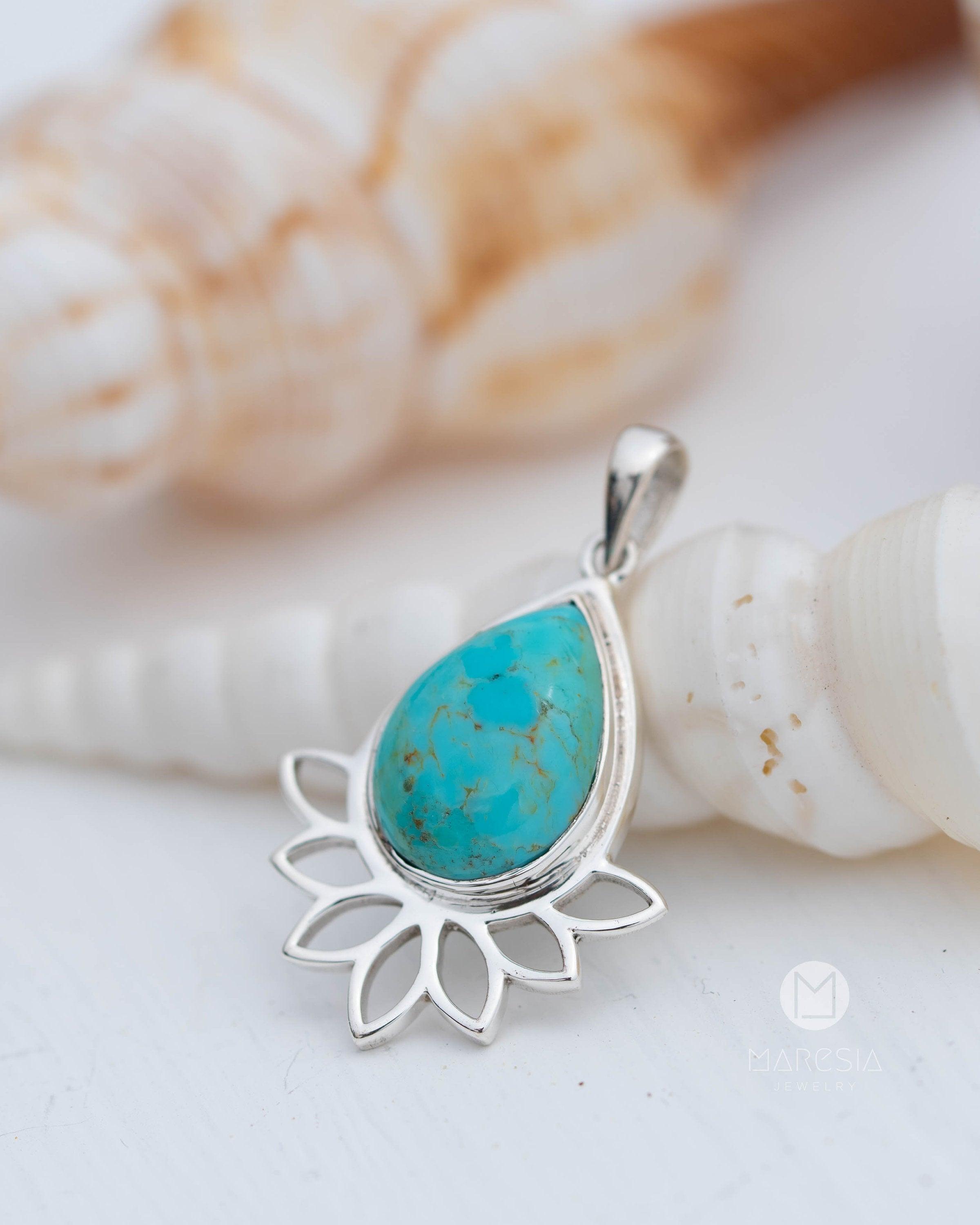 Lotus flower Turquoise or Moonstone Pendant ~ Sterling Silver 925 ~ Necklace ~ Sterling Silver ~ MP002