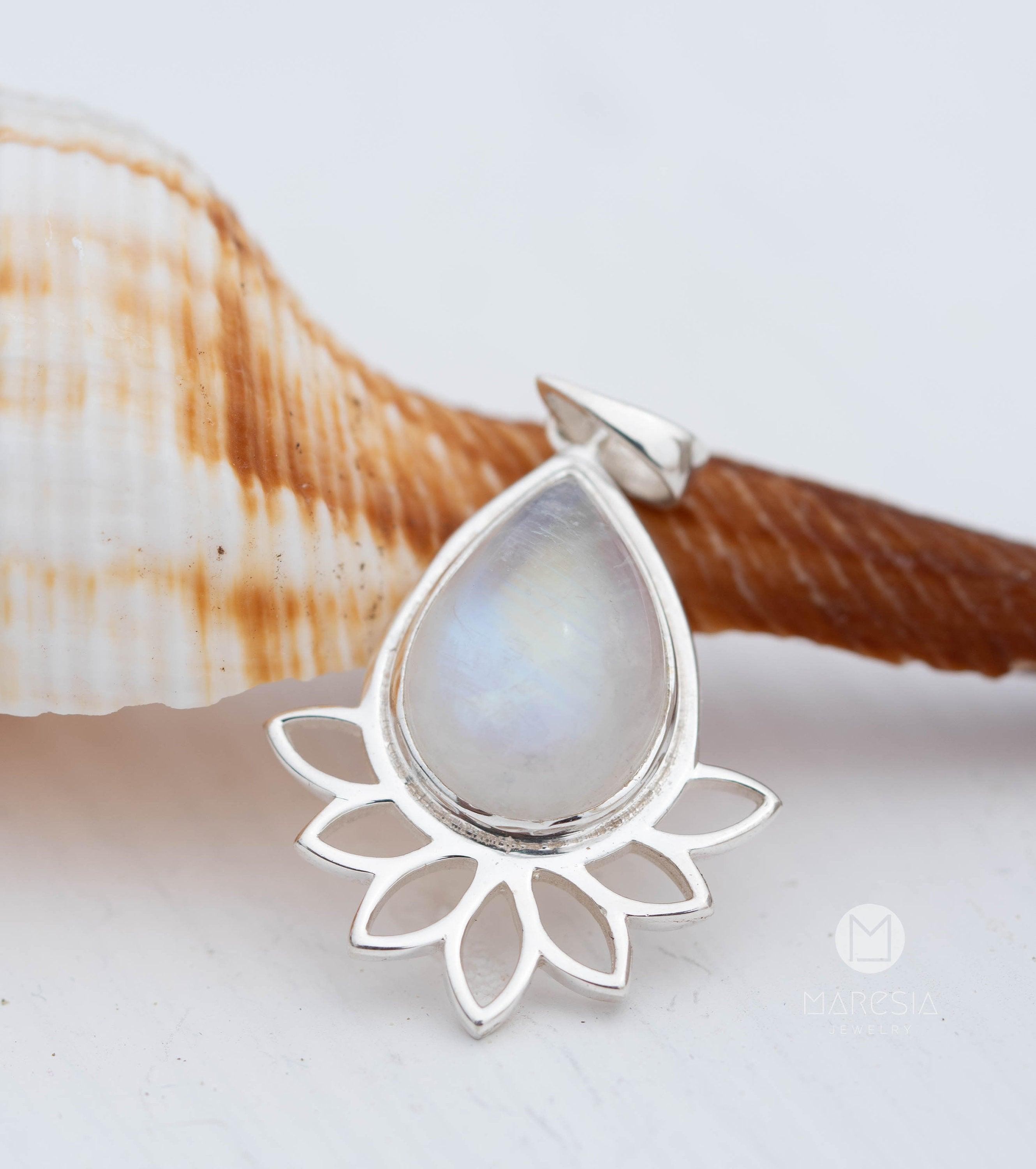 Lotus flower Turquoise or Moonstone Pendant ~ Sterling Silver 925 ~ Necklace ~ Sterling Silver ~ MP002