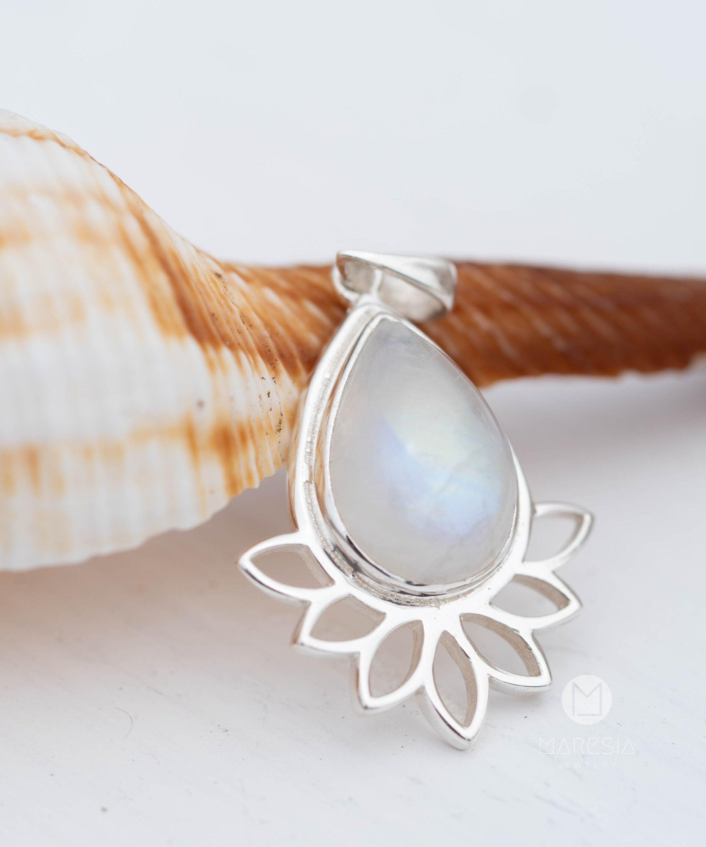 Lotus flower Turquoise or Moonstone Pendant ~ Sterling Silver 925 ~ Necklace ~ Sterling Silver ~ MP002