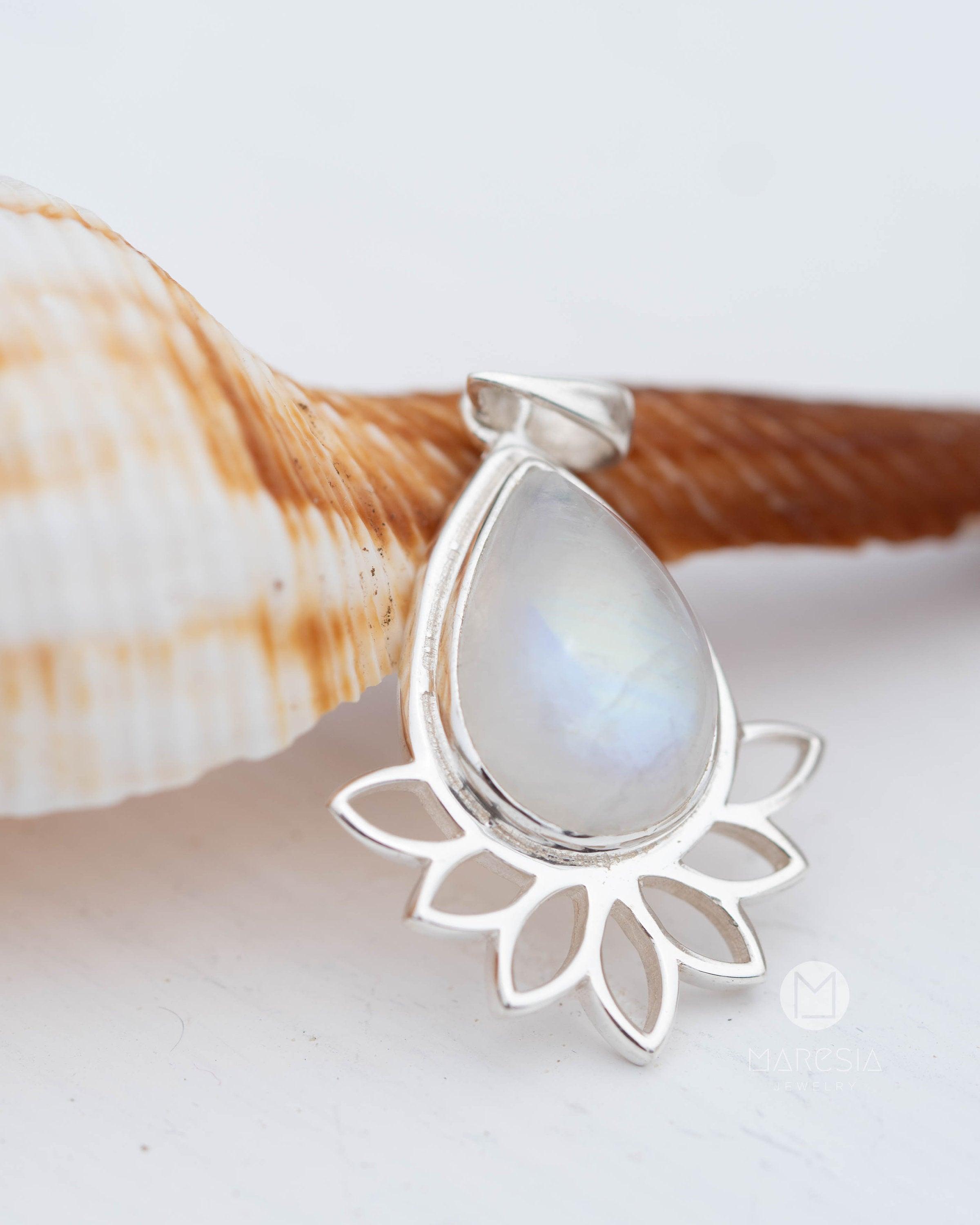 Lotus flower Turquoise or Moonstone Pendant ~ Sterling Silver 925 ~ Necklace ~ Sterling Silver ~ MP002