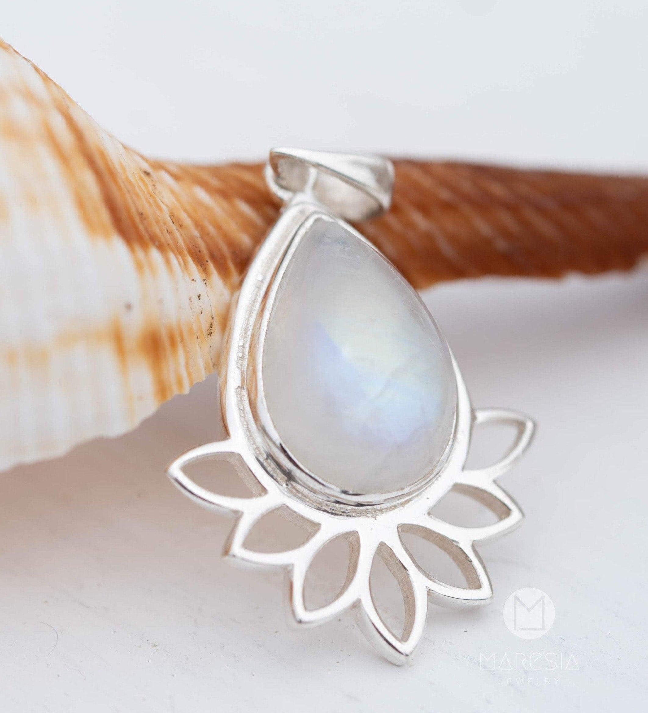 Lotus flower Turquoise or Moonstone Pendant ~ Sterling Silver 925 ~ Necklace ~ Sterling Silver ~ MP002A