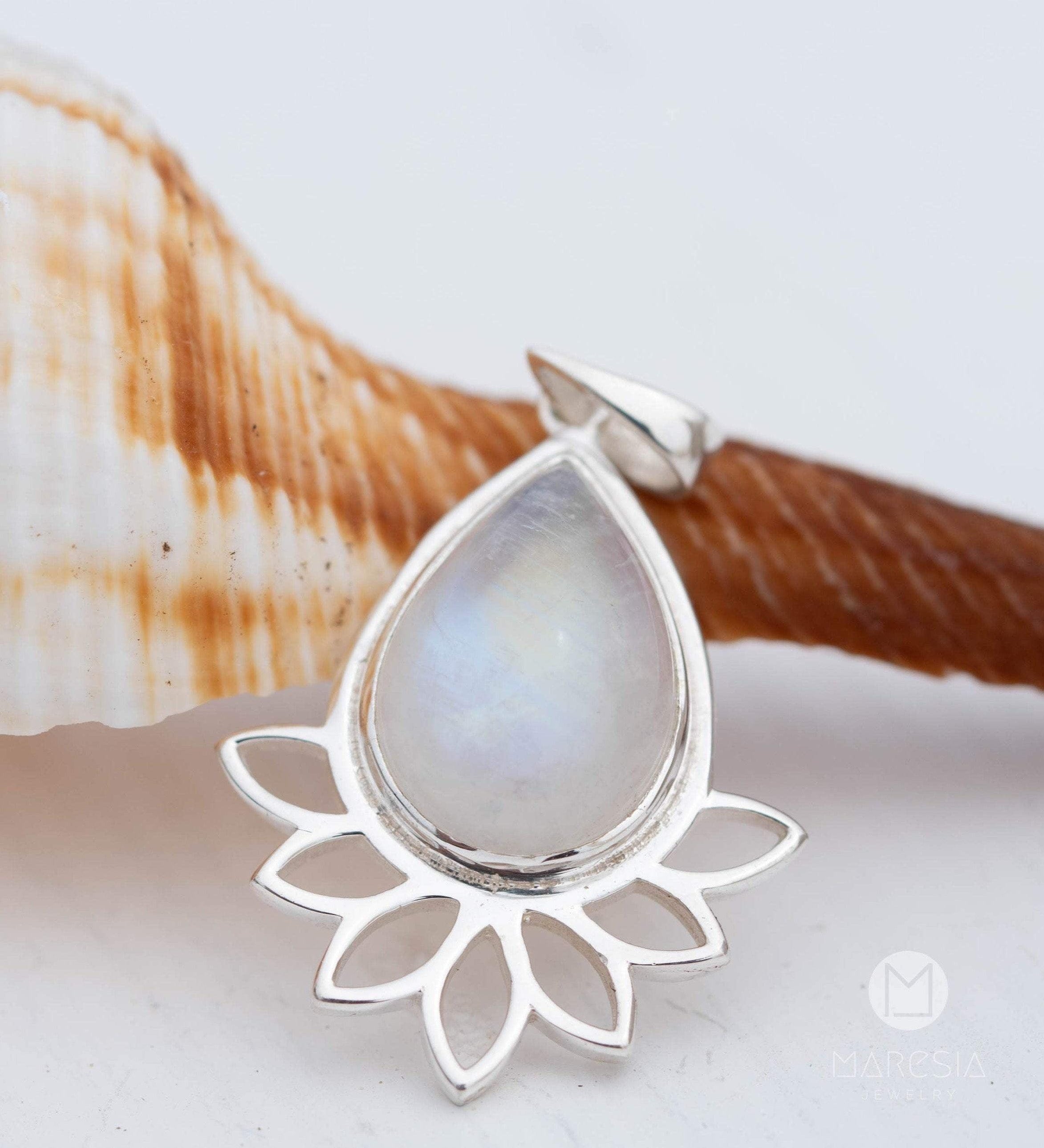 Lotus flower Turquoise or Moonstone Pendant ~ Sterling Silver 925 ~ Necklace ~ Sterling Silver ~ MP002A