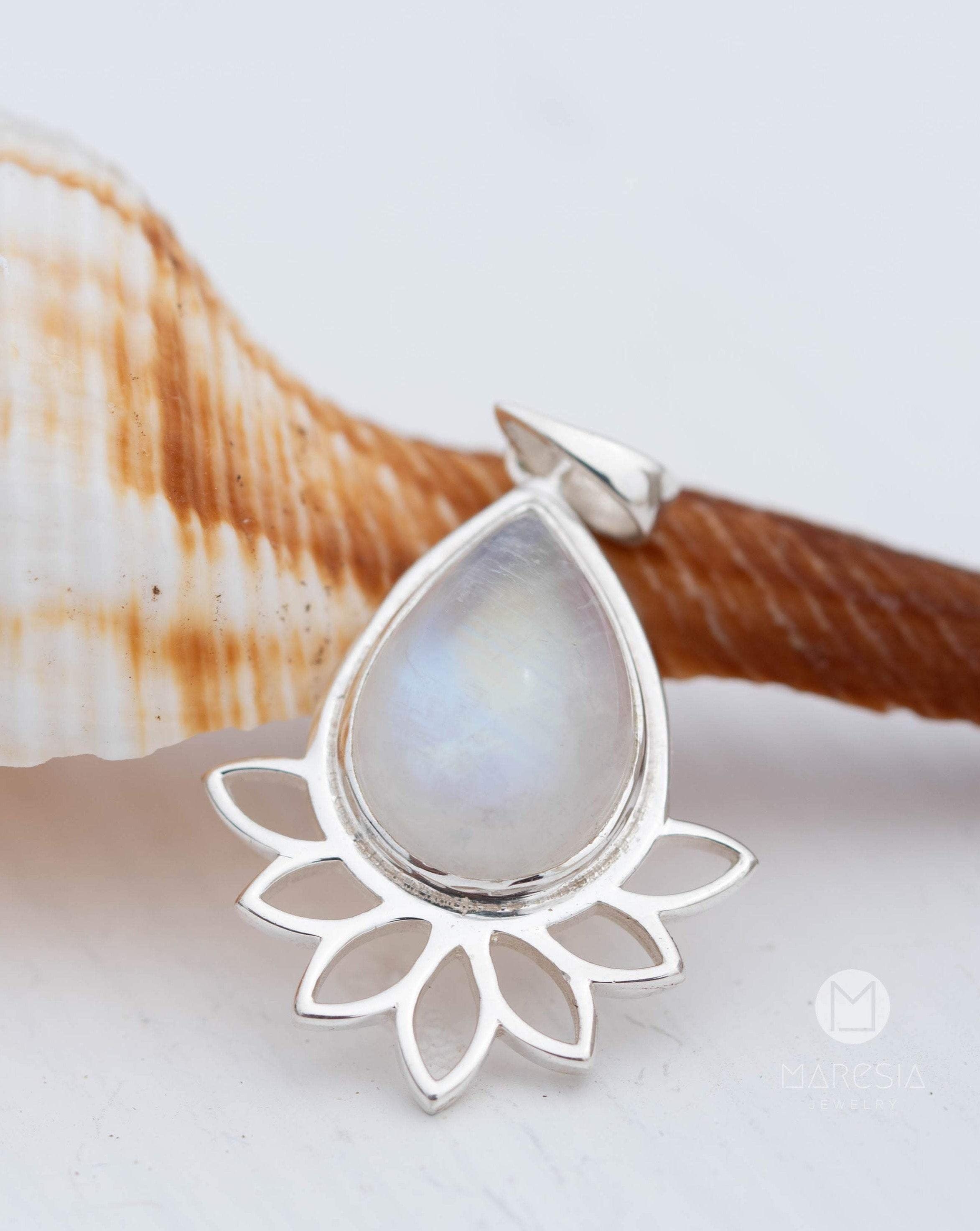 Lotus flower Turquoise or Moonstone Pendant ~ Sterling Silver 925 ~ Necklace ~ Sterling Silver ~ MP002A