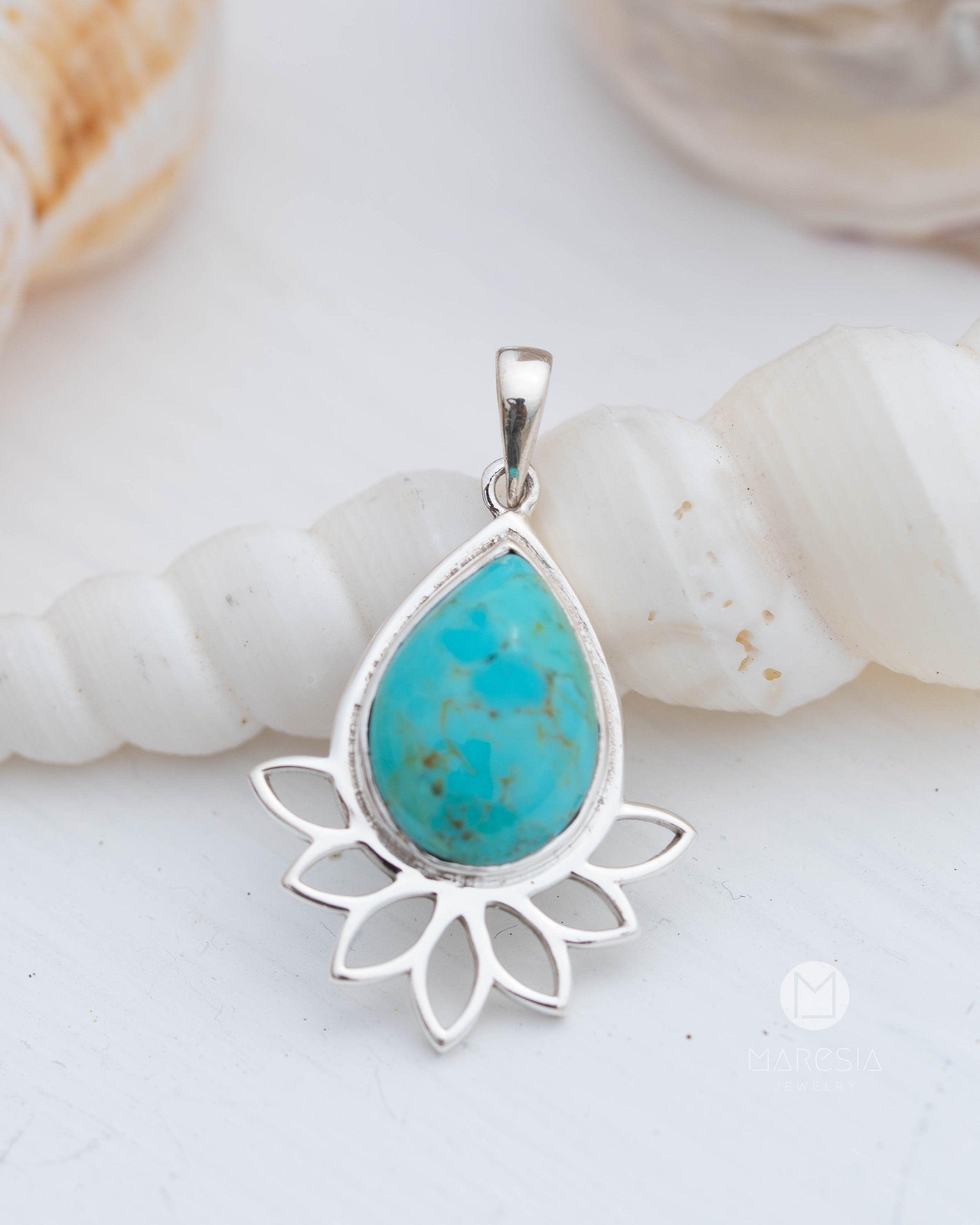 Lotus flower Turquoise or Moonstone Pendant ~ Sterling Silver 925 ~ Necklace ~ Sterling Silver ~ MP002A