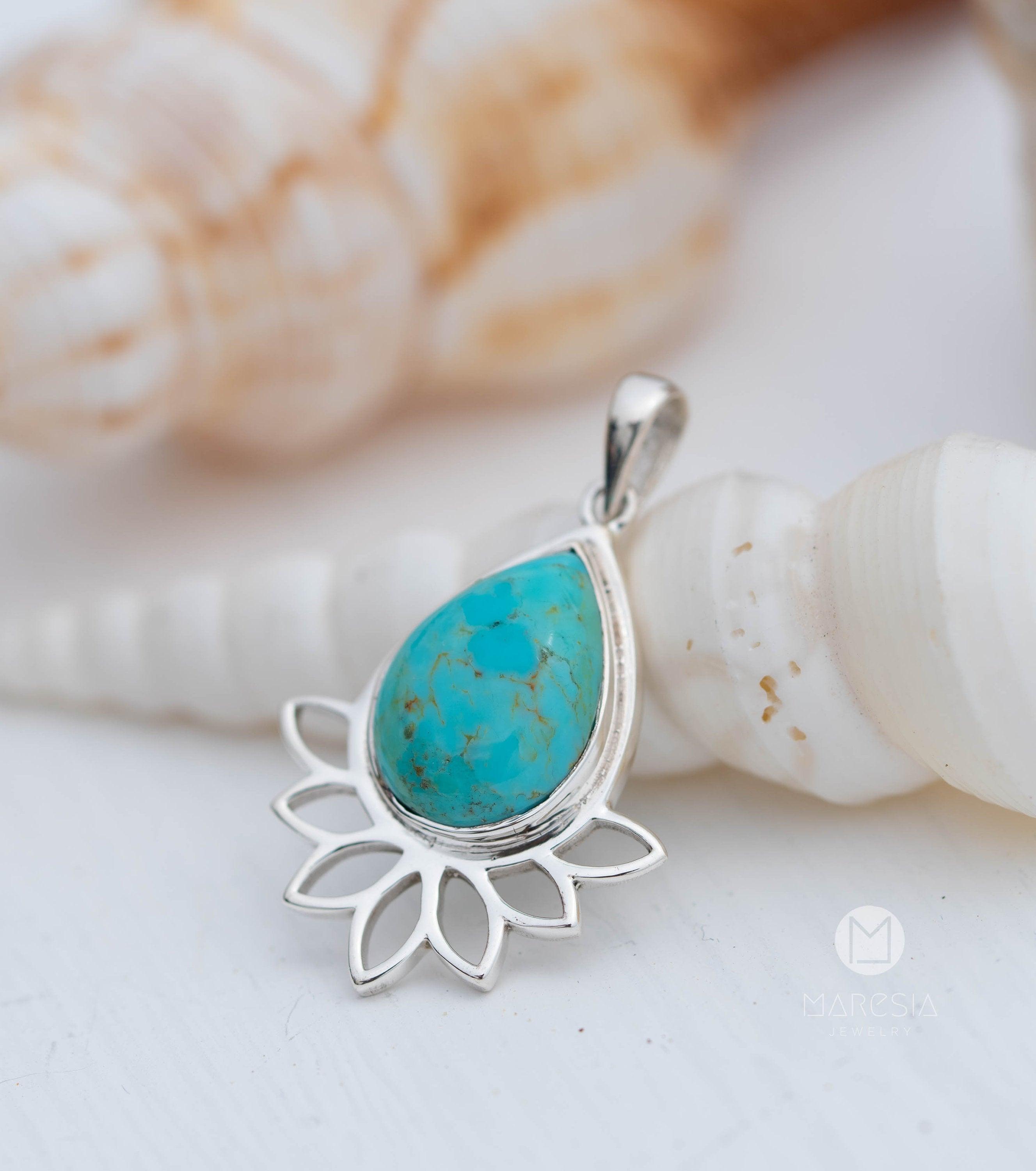 Lotus flower Turquoise or Moonstone Pendant ~ Sterling Silver 925 ~ Necklace ~ Sterling Silver ~ MP002A