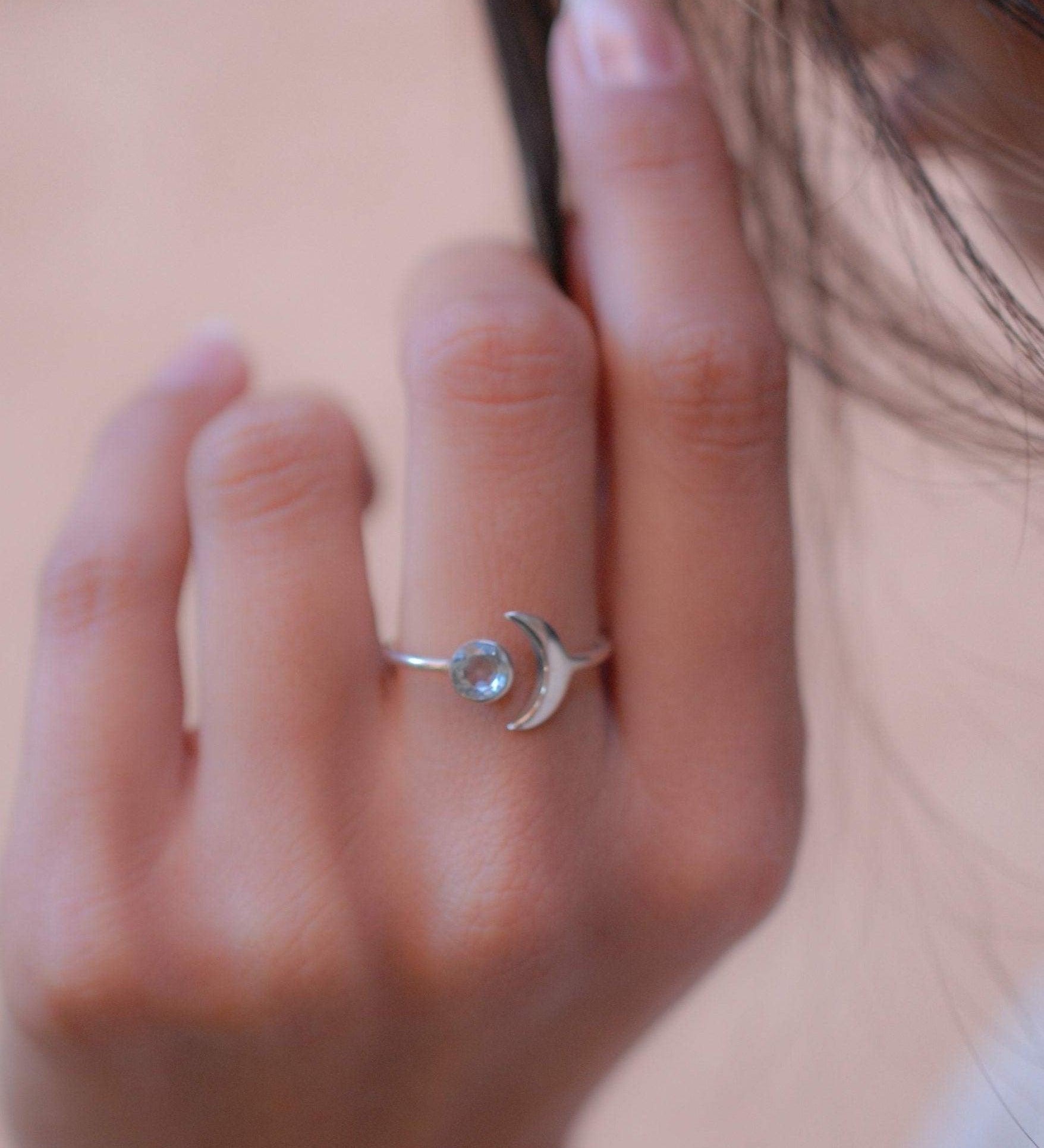 Blue Topaz Crescent Moon Ring ~ Sterling Silver 925 ~ MR118A - Maresia Jewelry