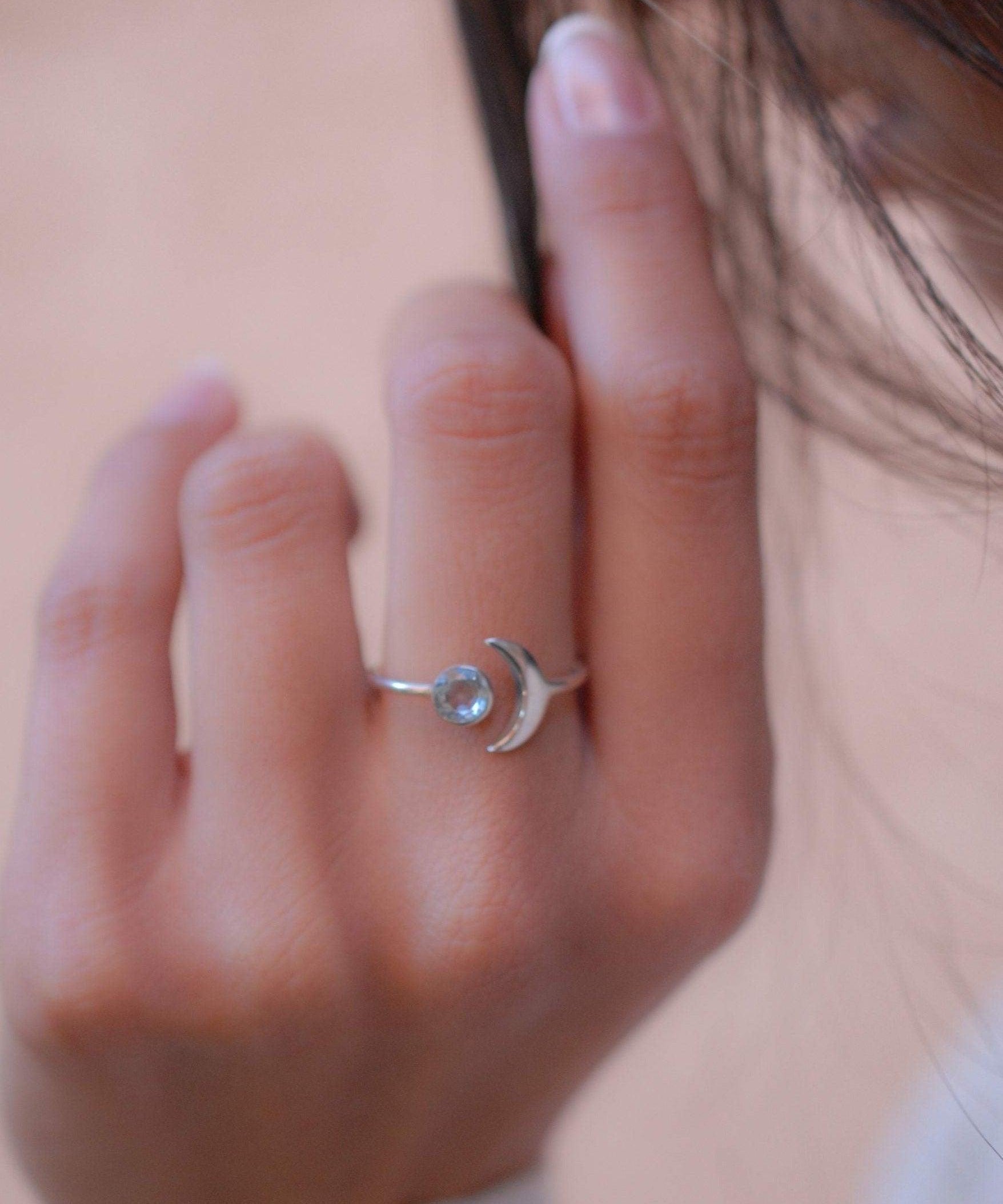 Blue Topaz Crescent Moon Ring ~ Sterling Silver 925 ~ MR118A - Maresia Jewelry
