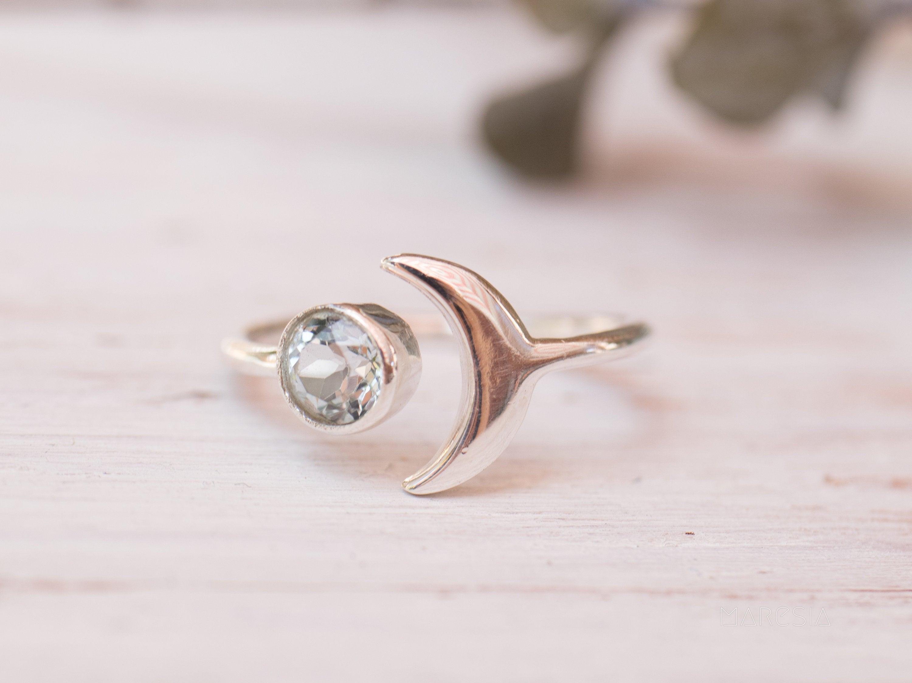 Blue Topaz Crescent Moon Ring ~ Sterling Silver 925 ~ MR118A - Maresia Jewelry