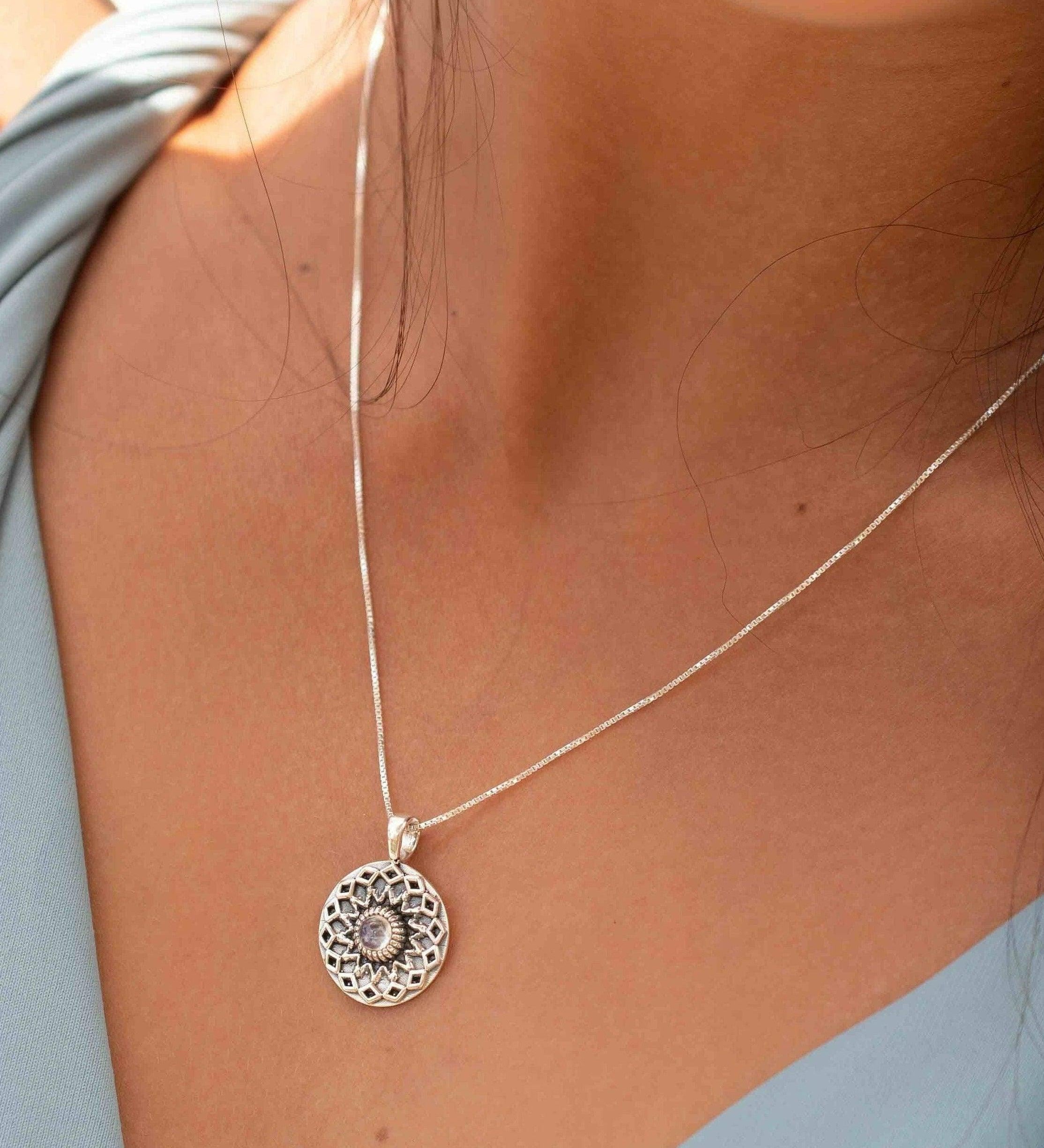 Moonstone or Labradorite Pendant ~Mandala ~ Sterling Silver 925  ~ Delicate ~ Bohemian ~  Charm ~ MN084