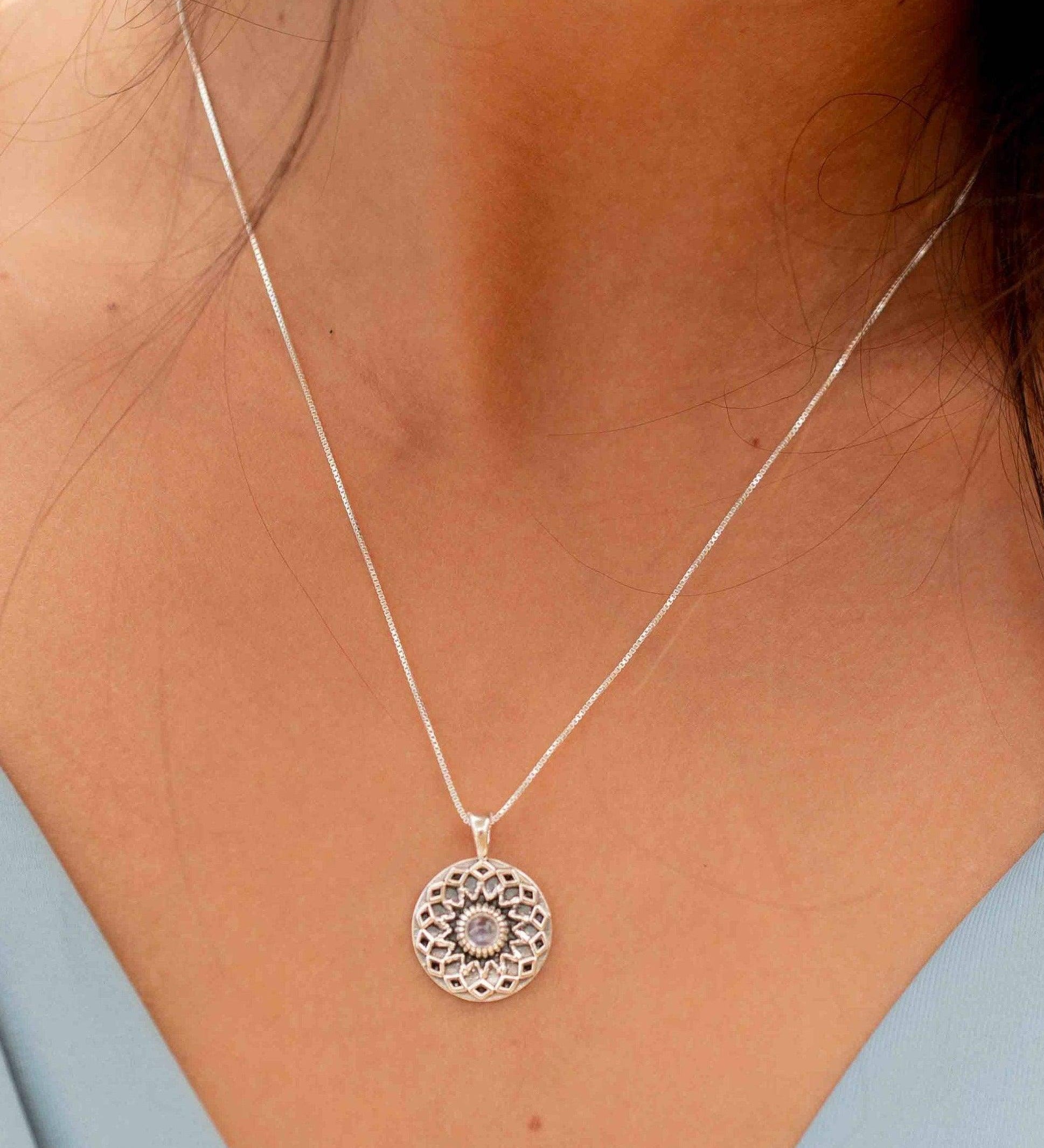 Moonstone or Labradorite Pendant ~Mandala ~ Sterling Silver 925  ~ Delicate ~ Bohemian ~  Charm ~ MN084