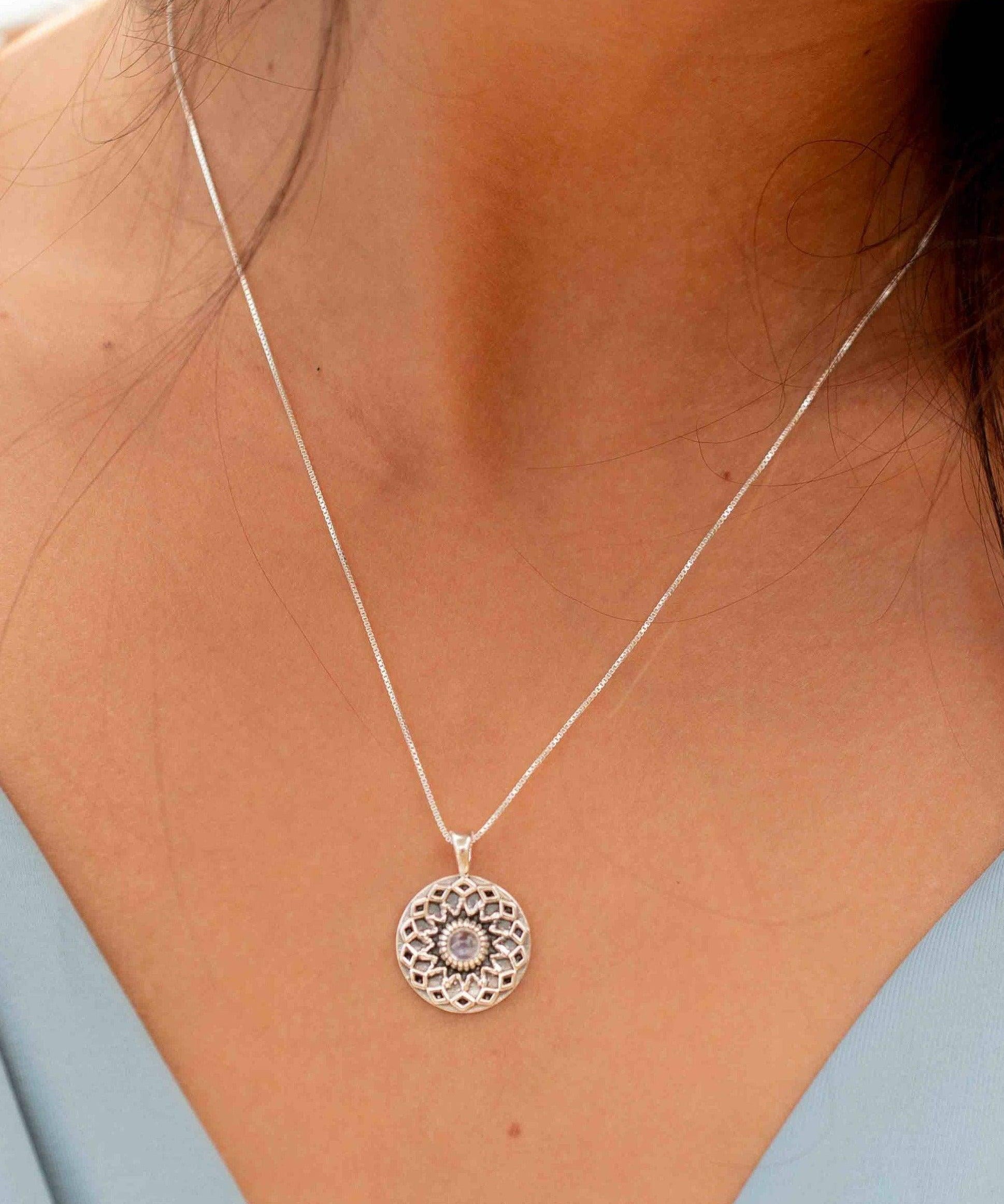 Moonstone or Labradorite Pendant ~Mandala ~ Sterling Silver 925  ~ Delicate ~ Bohemian ~  Charm ~ MN084