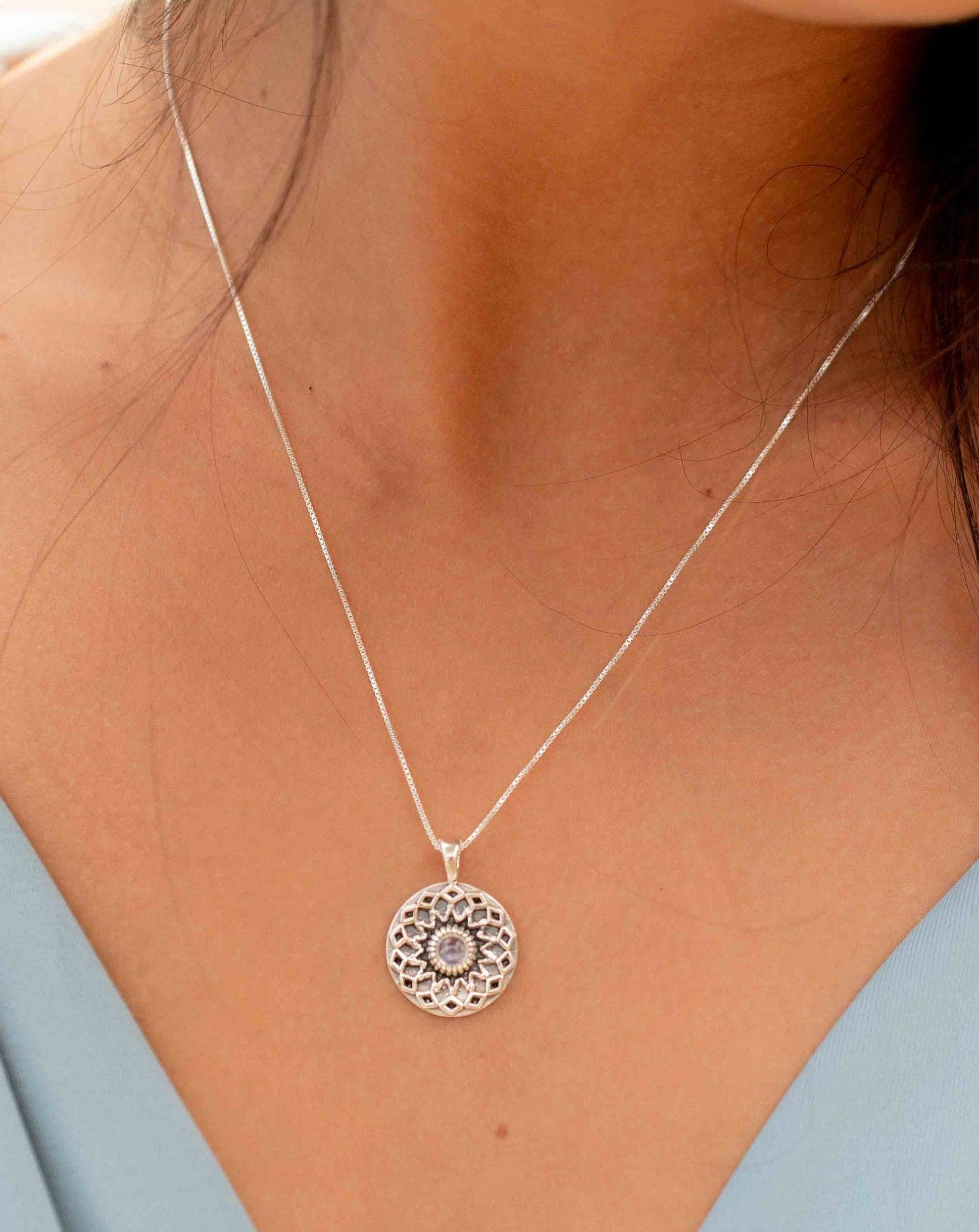 Moonstone or Labradorite Pendant ~Mandala ~ Sterling Silver 925  ~ Delicate ~ Bohemian ~  Charm ~ MN084
