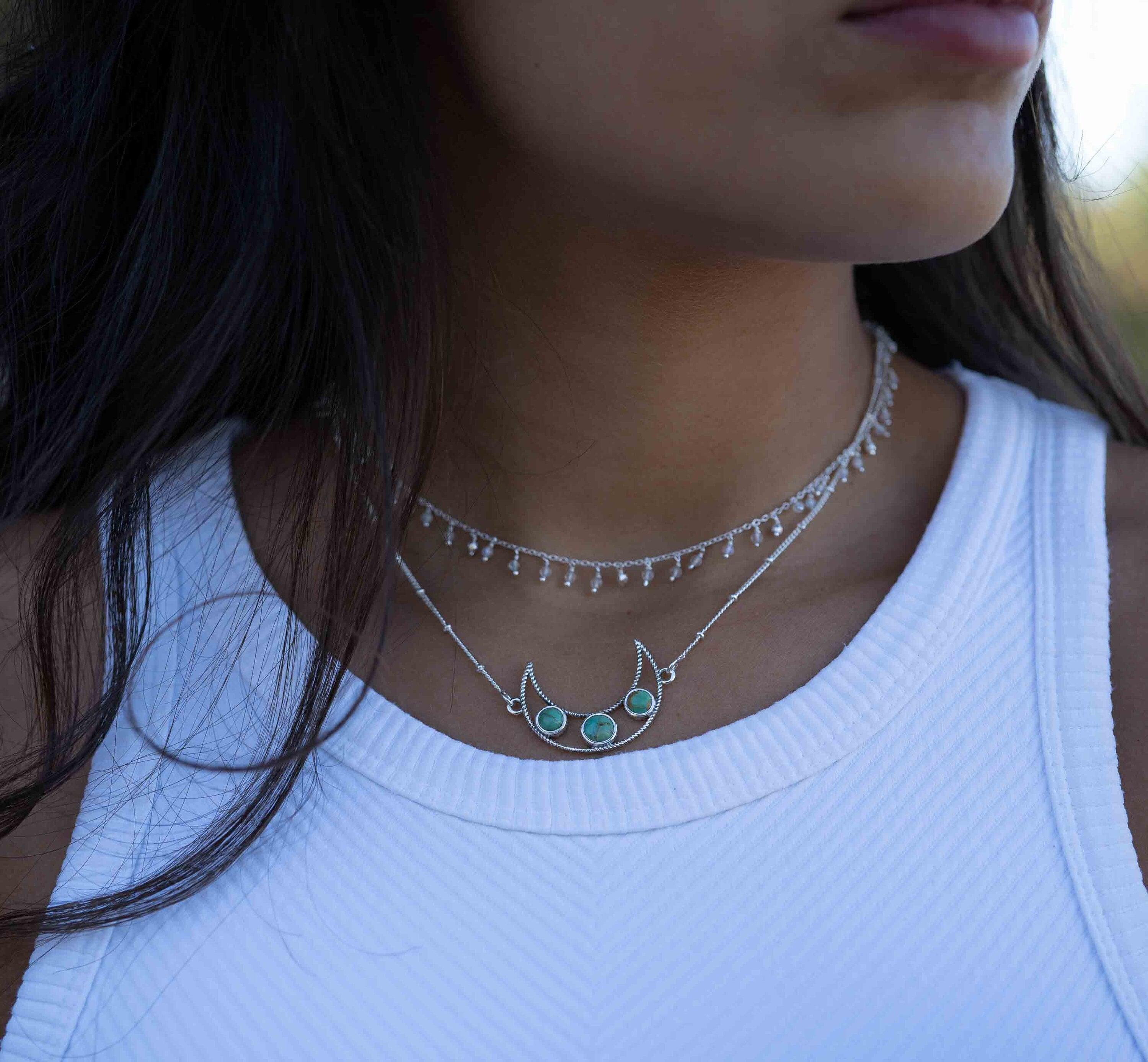 Turquoise necklace~ Sterling Silver 925 ~ curb ball chain ~ beaded chain ~ Jewelry ~ Gift For Her ~ Handmade~ Thin Chain ~ MN073