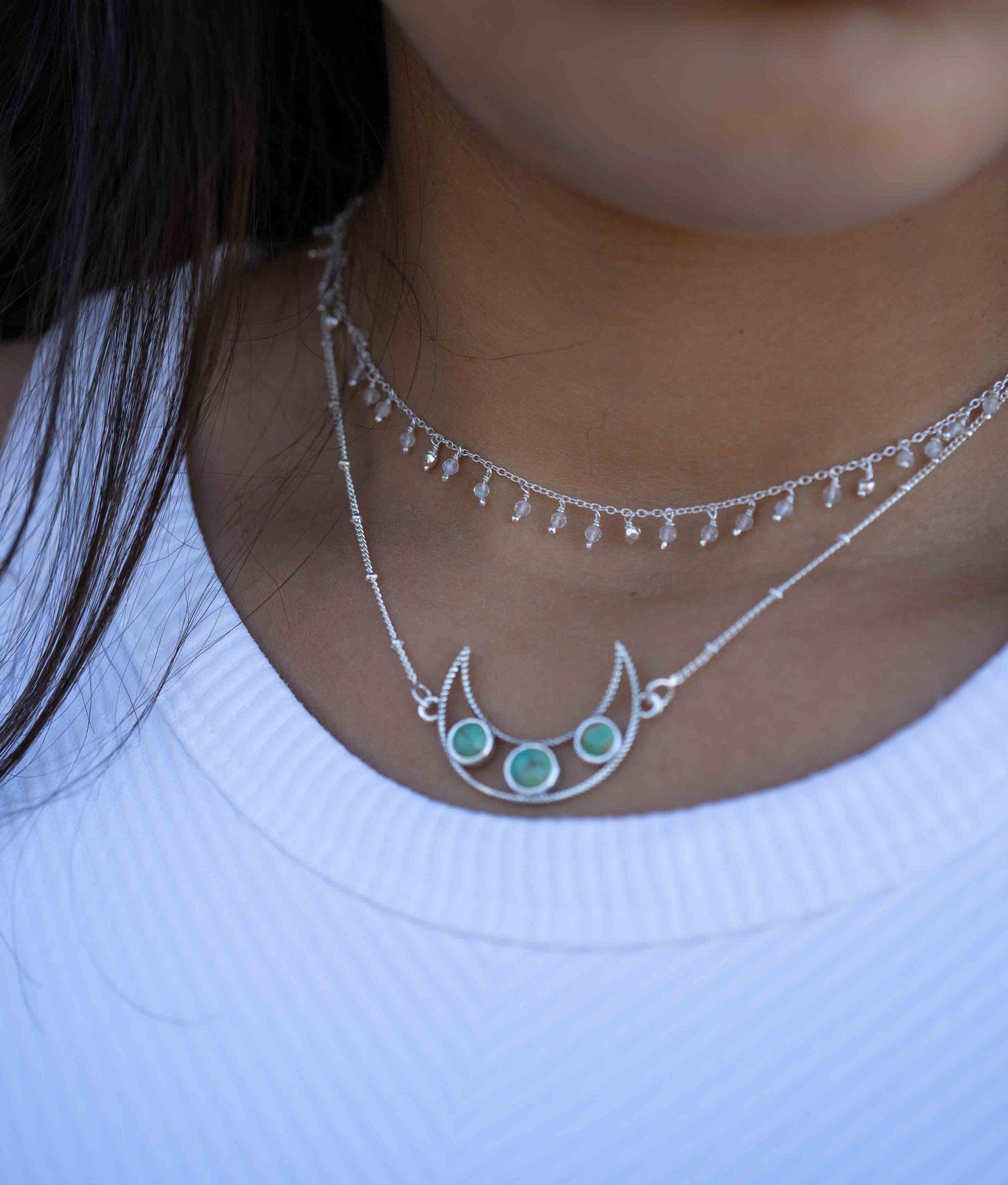 Turquoise necklace~ Sterling Silver 925 ~ curb ball chain ~ beaded chain ~ Jewelry ~ Gift For Her ~ Handmade~ Thin Chain ~ MN073