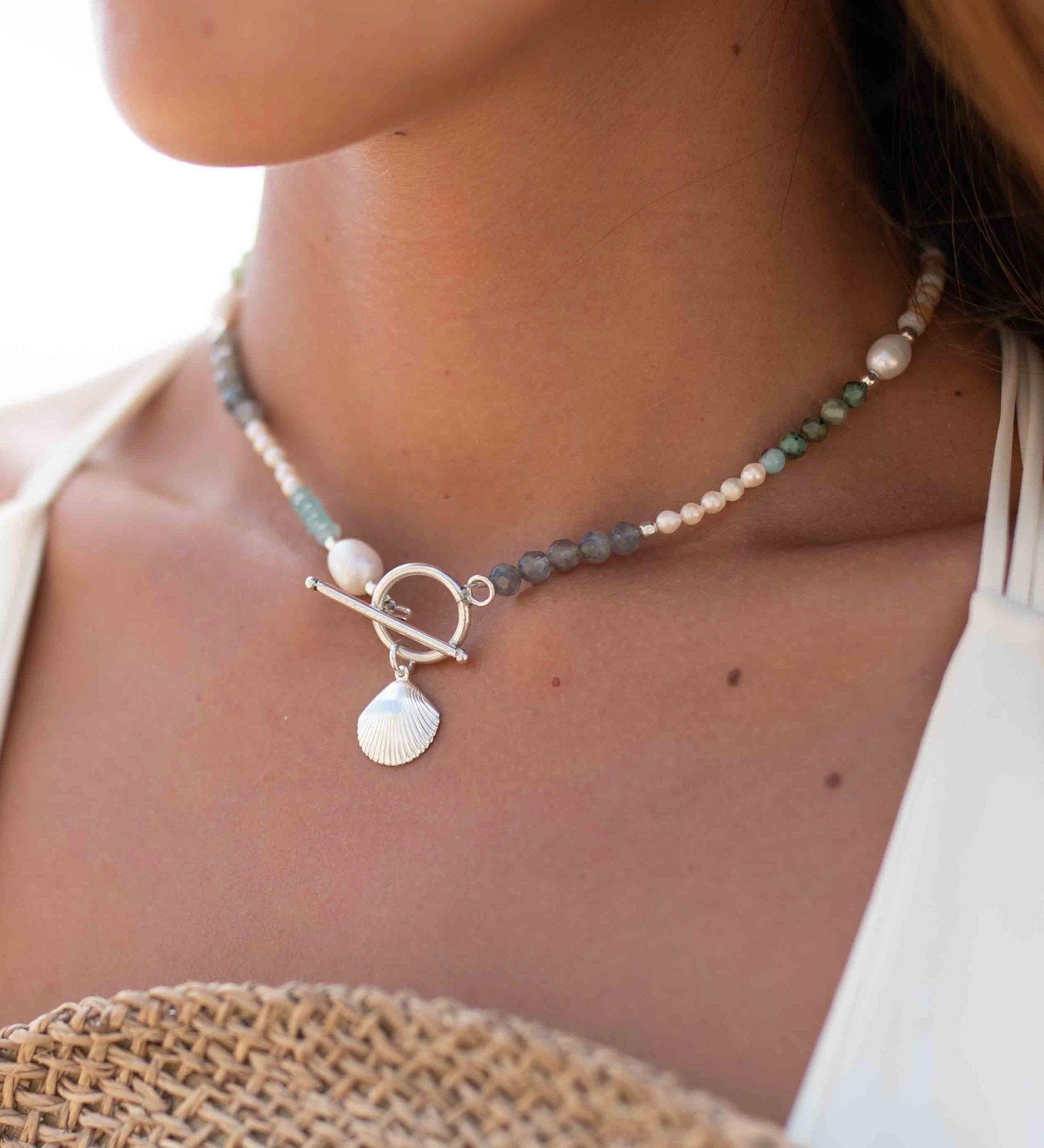 Mixed Stones Shell necklace~ Sterling Silver 925 ~ Choker ~ Jewelry ~ Gift For Her ~ Minimalist~ Handmade MN094