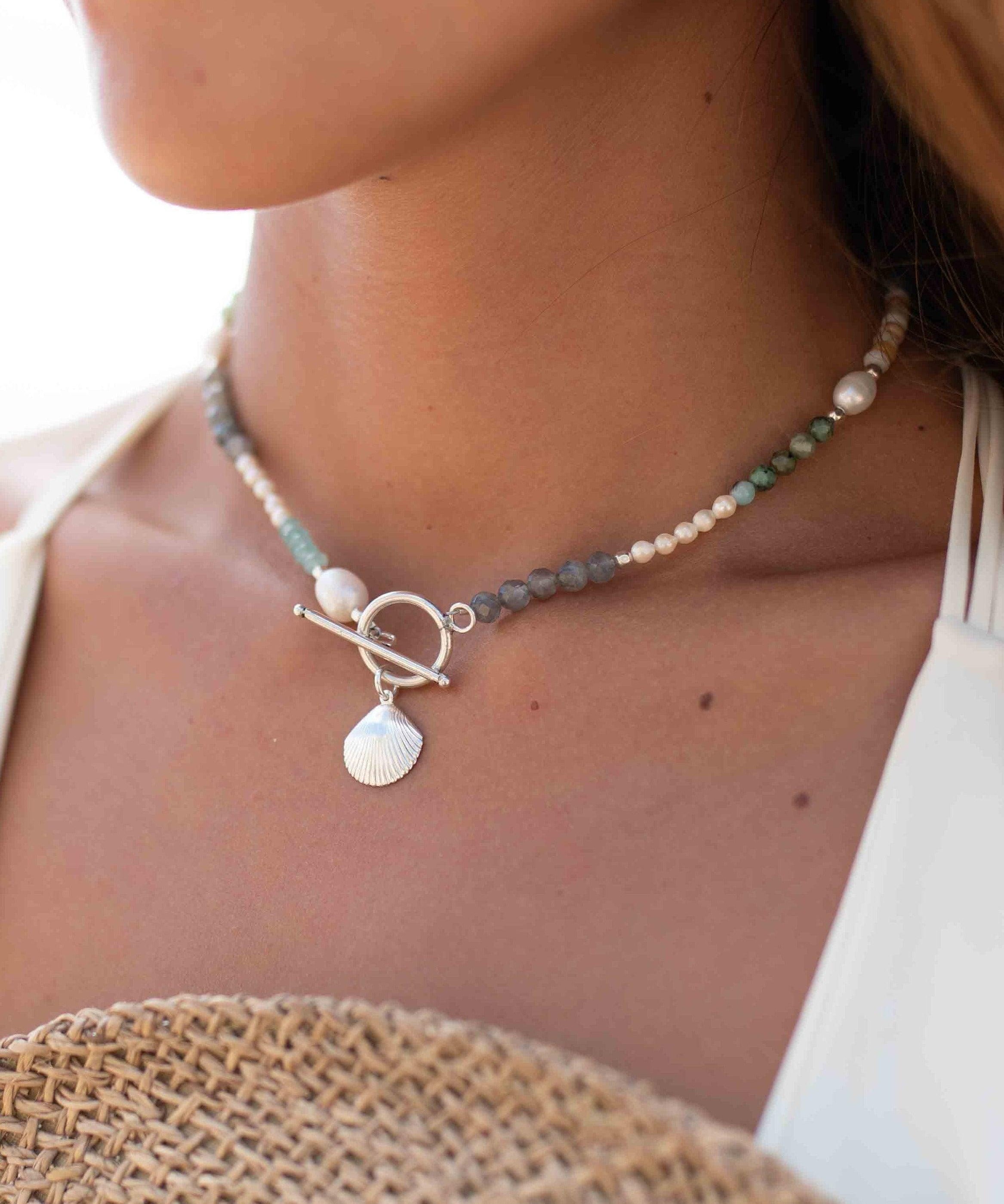 Mixed Stones Shell necklace~ Sterling Silver 925 ~ Choker ~ Jewelry ~ Gift For Her ~ Minimalist~ Handmade MN094