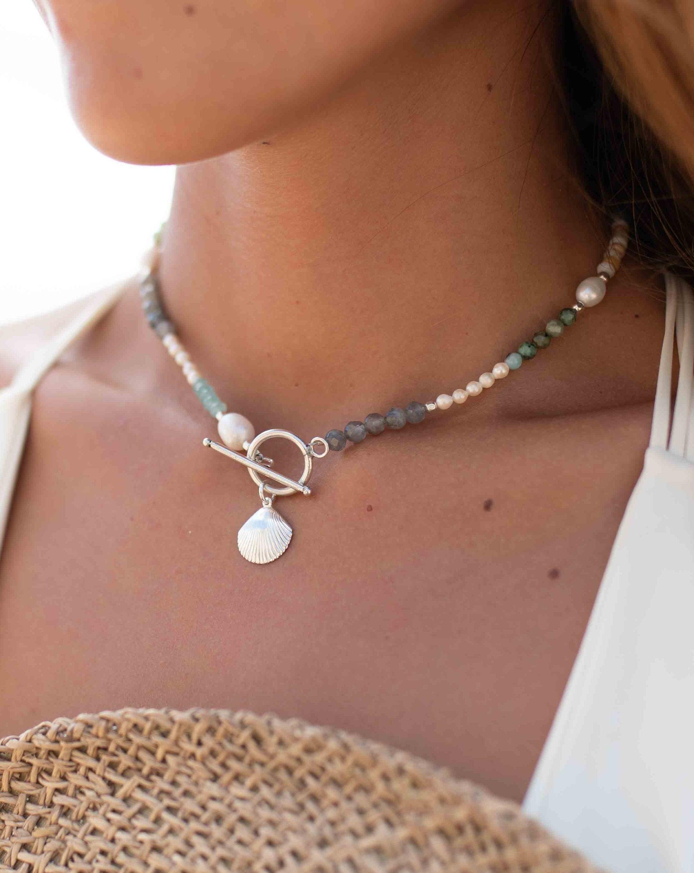 Mixed Stones Shell necklace~ Sterling Silver 925 ~ Choker ~ Jewelry ~ Gift For Her ~ Minimalist~ Handmade MN094