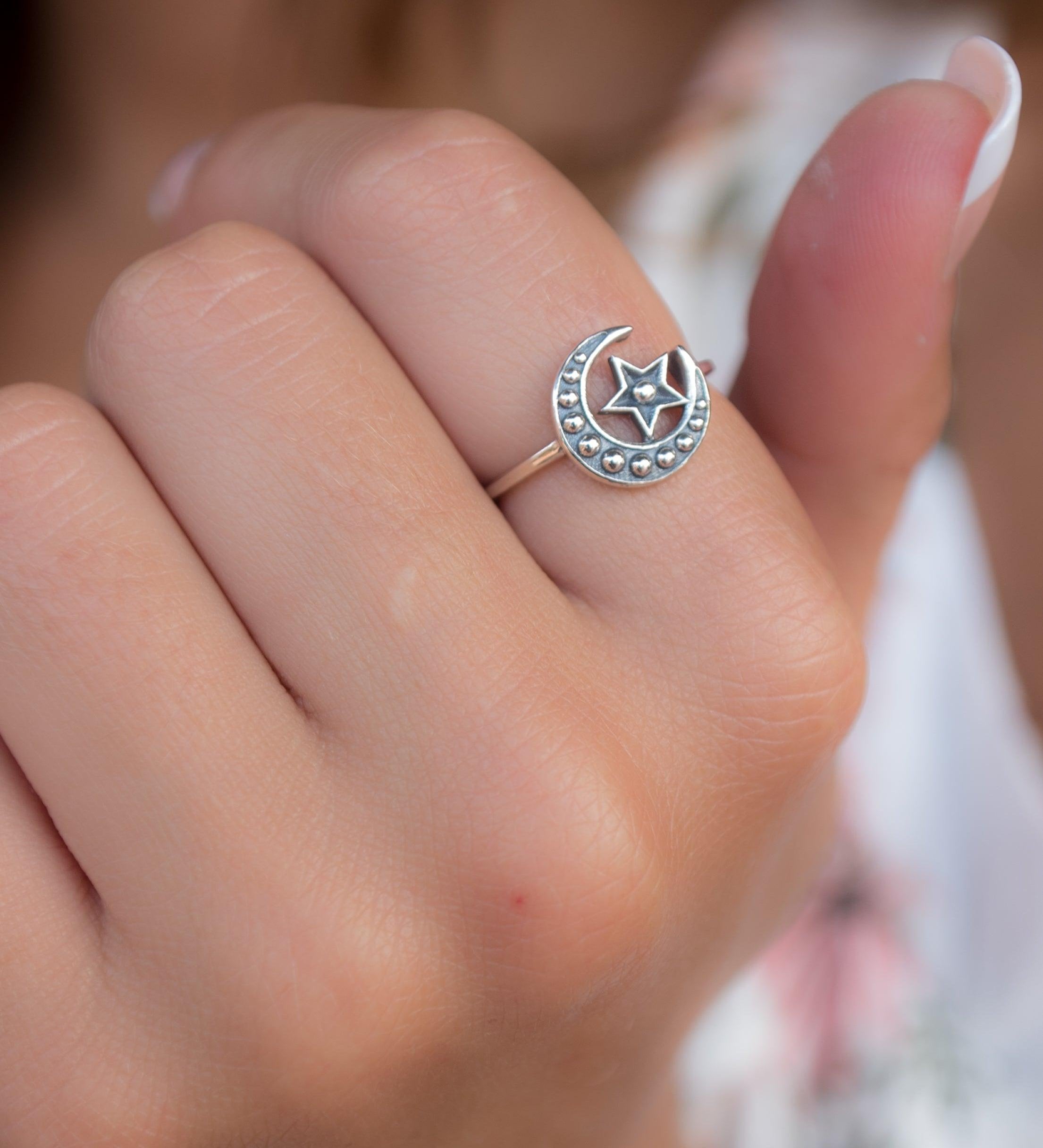 Moon & Star Ring~ Sterling Silver 925~ SMR - Maresia Jewelry