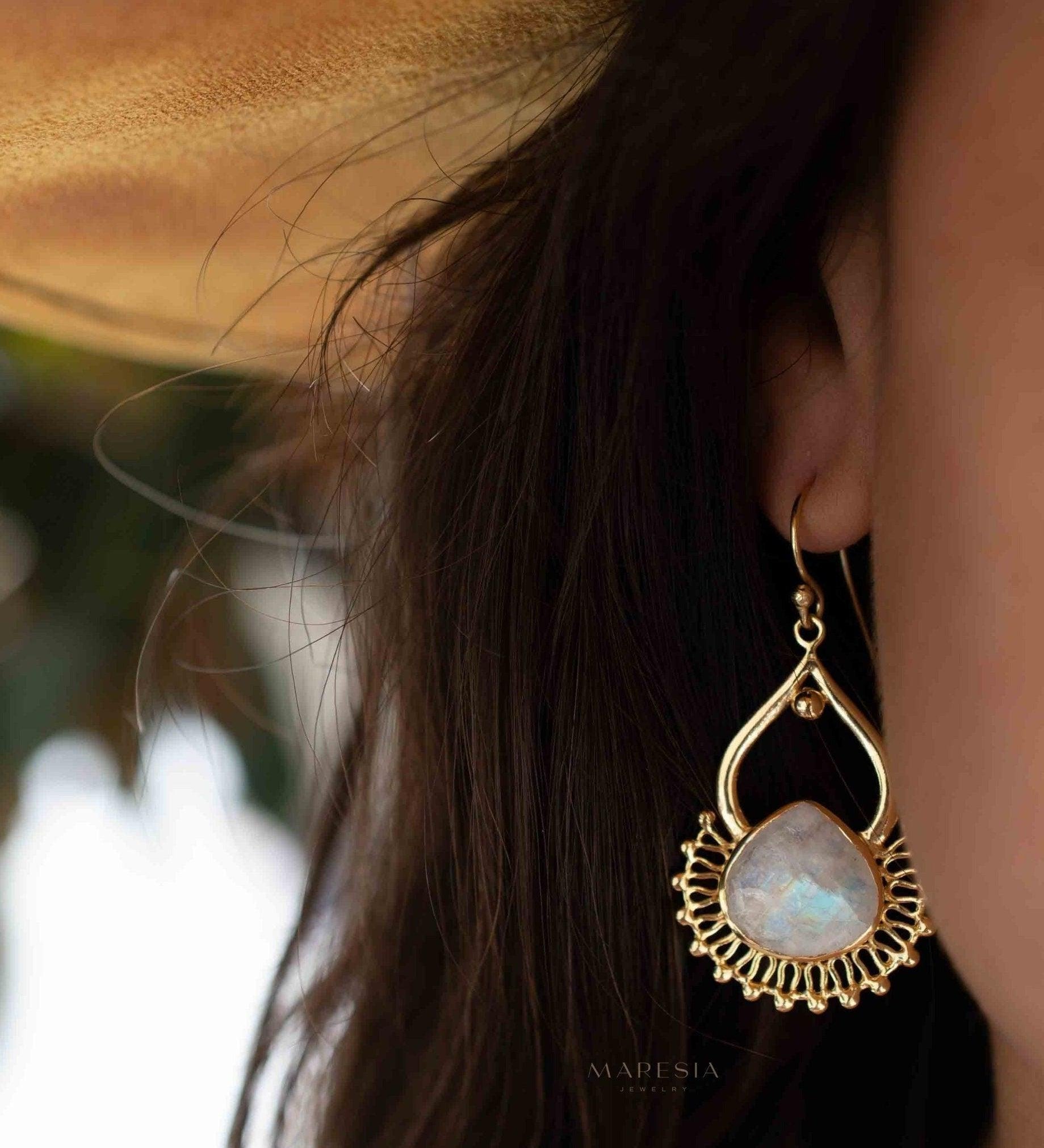Moonstone 18k Gold Plated Earrings ~ Gemstone ~ Dangle Earrings ~Boho design ~ Handmade ~ Jewelry ~ Gift for her ~ ME185