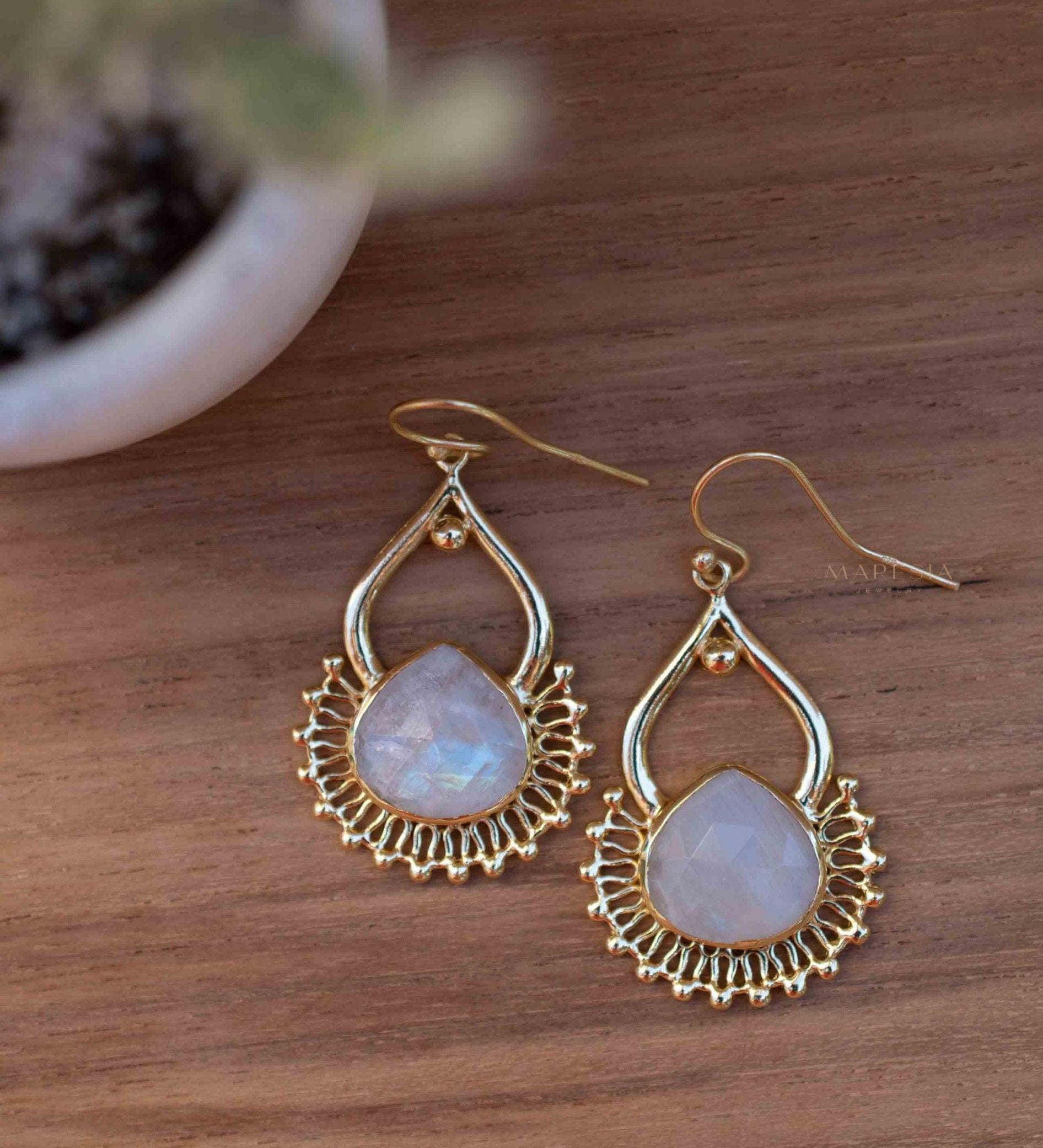 Moonstone 18k Gold Plated Earrings ~ Gemstone ~ Dangle Earrings ~Boho design ~ Handmade ~ Jewelry ~ Gift for her ~ ME185