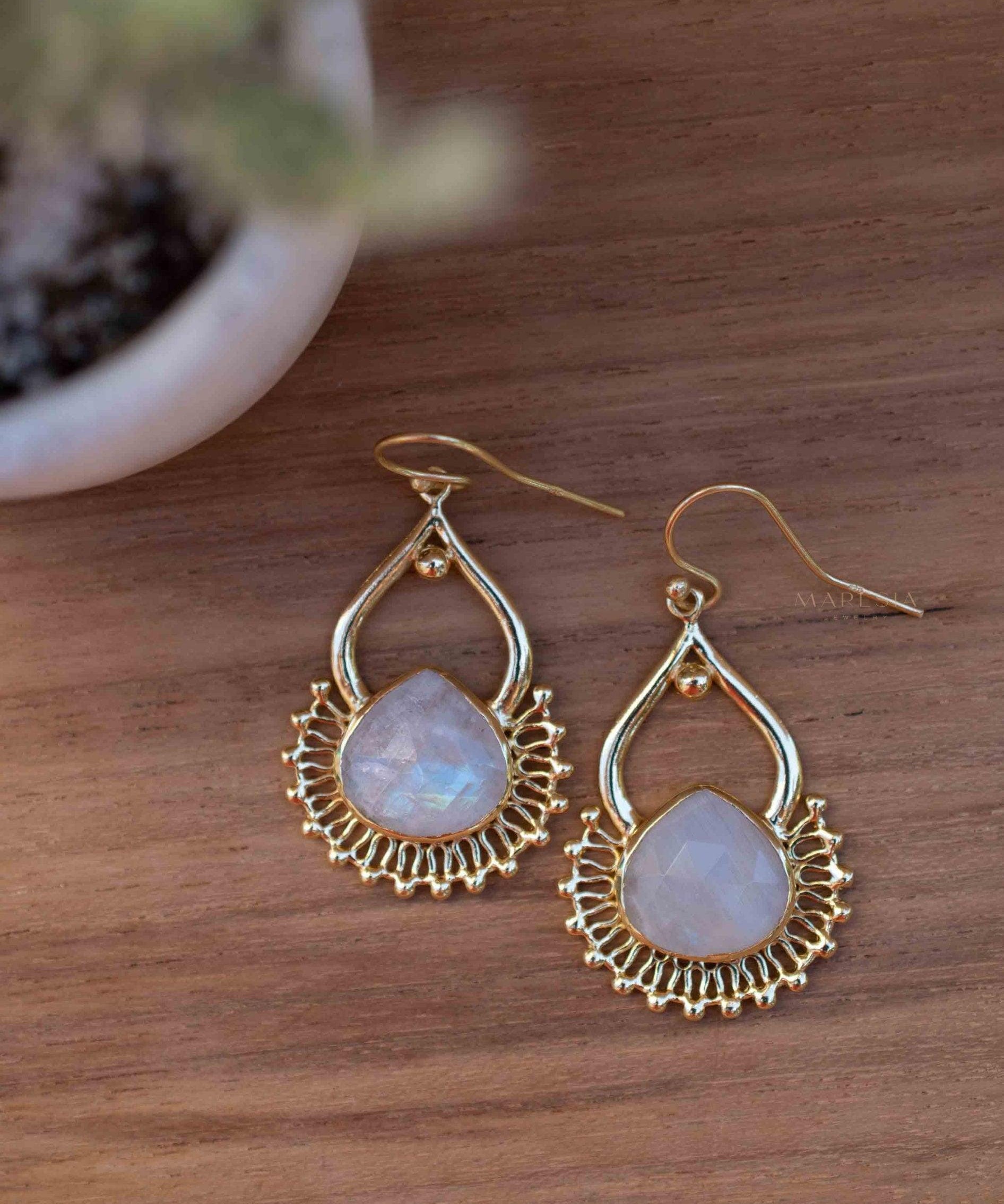 Moonstone 18k Gold Plated Earrings ~ Gemstone ~ Dangle Earrings ~Boho design ~ Handmade ~ Jewelry ~ Gift for her ~ ME185