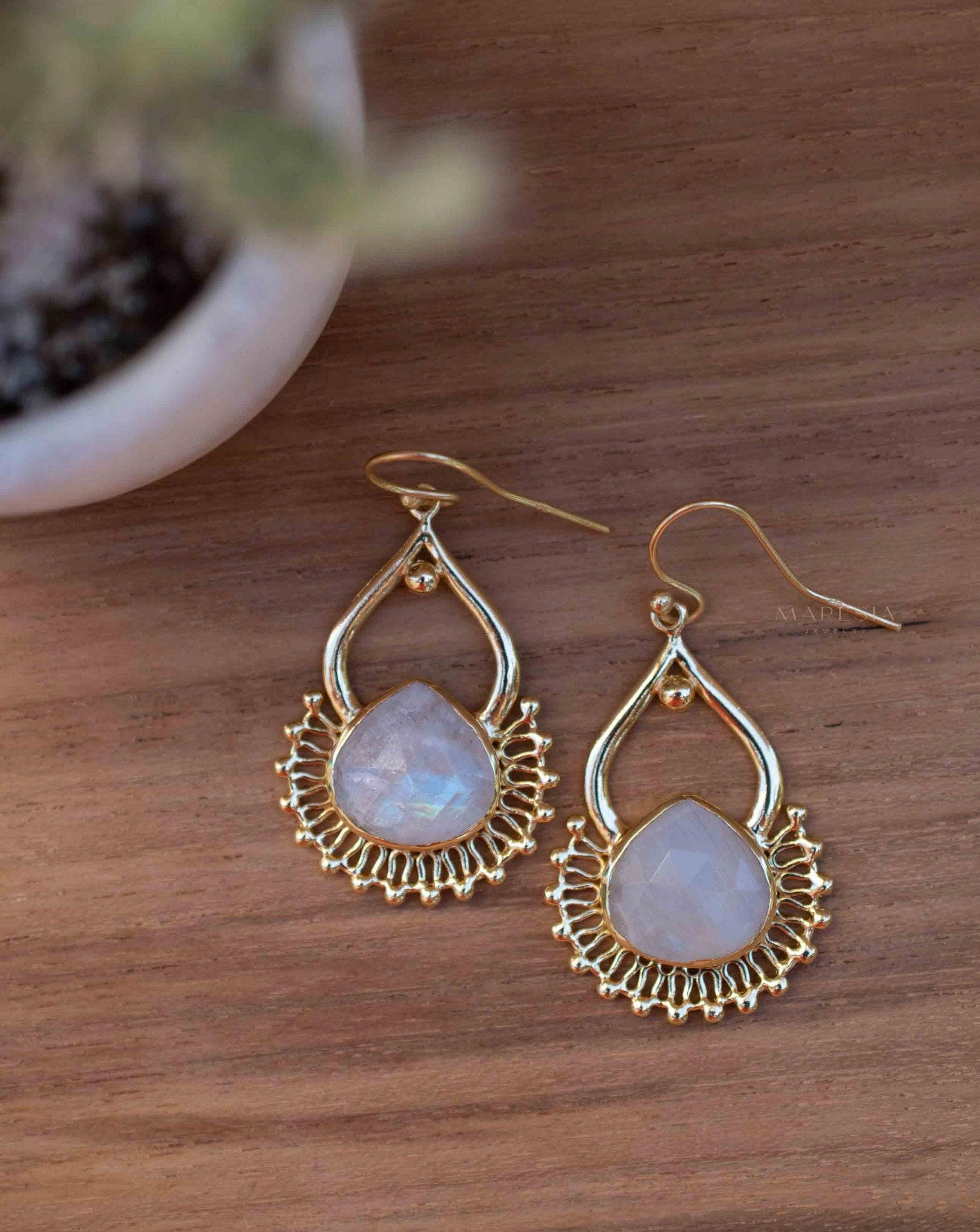 Moonstone 18k Gold Plated Earrings ~ Gemstone ~ Dangle Earrings ~Boho design ~ Handmade ~ Jewelry ~ Gift for her ~ ME185