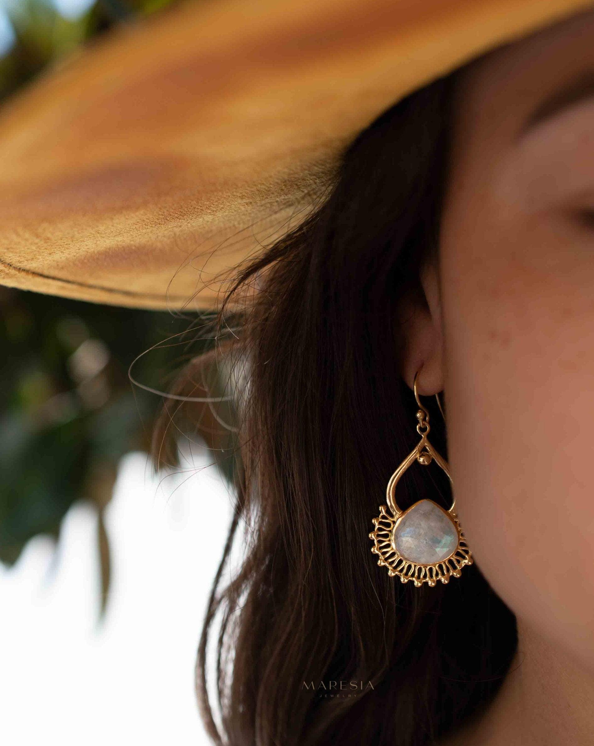 Moonstone 18k Gold Plated Earrings ~ Gemstone ~ Dangle Earrings ~Boho design ~ Handmade ~ Jewelry ~ Gift for her ~ ME185
