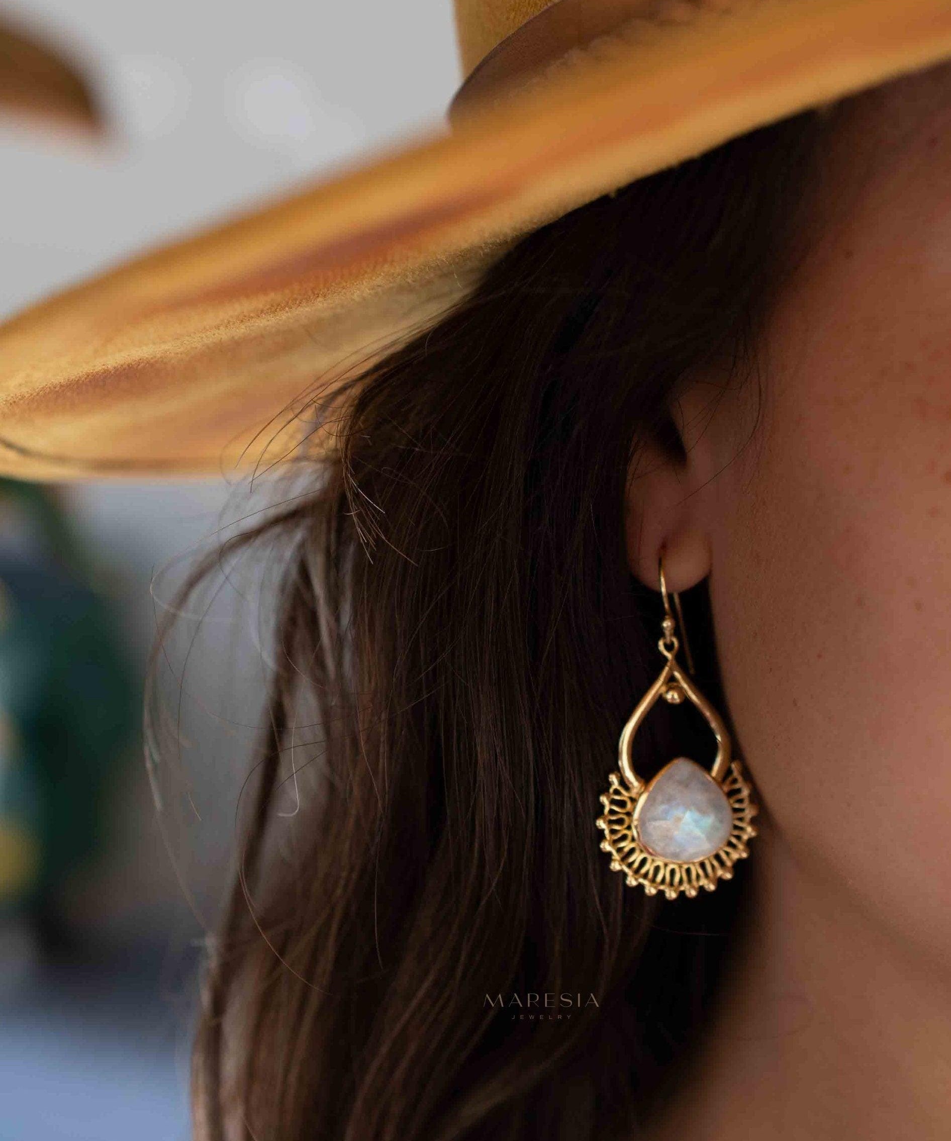 Moonstone 18k Gold Plated Earrings ~ Gemstone ~ Dangle Earrings ~Boho design ~ Handmade ~ Jewelry ~ Gift for her ~ ME185