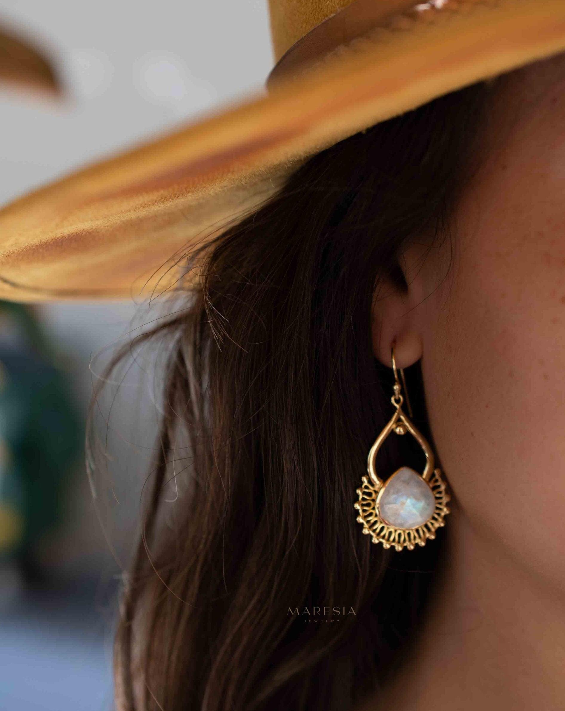 Moonstone 18k Gold Plated Earrings ~ Gemstone ~ Dangle Earrings ~Boho design ~ Handmade ~ Jewelry ~ Gift for her ~ ME185