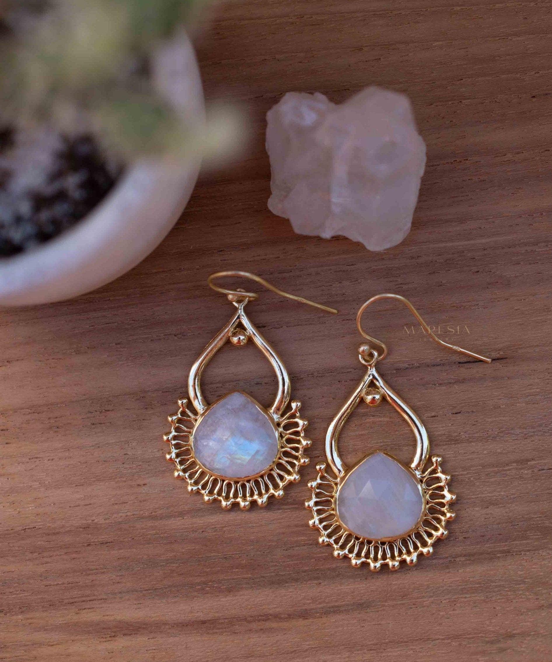 Moonstone 18k Gold Plated Earrings ~ Gemstone ~ Dangle Earrings ~Boho design ~ Handmade ~ Jewelry ~ Gift for her ~ ME185