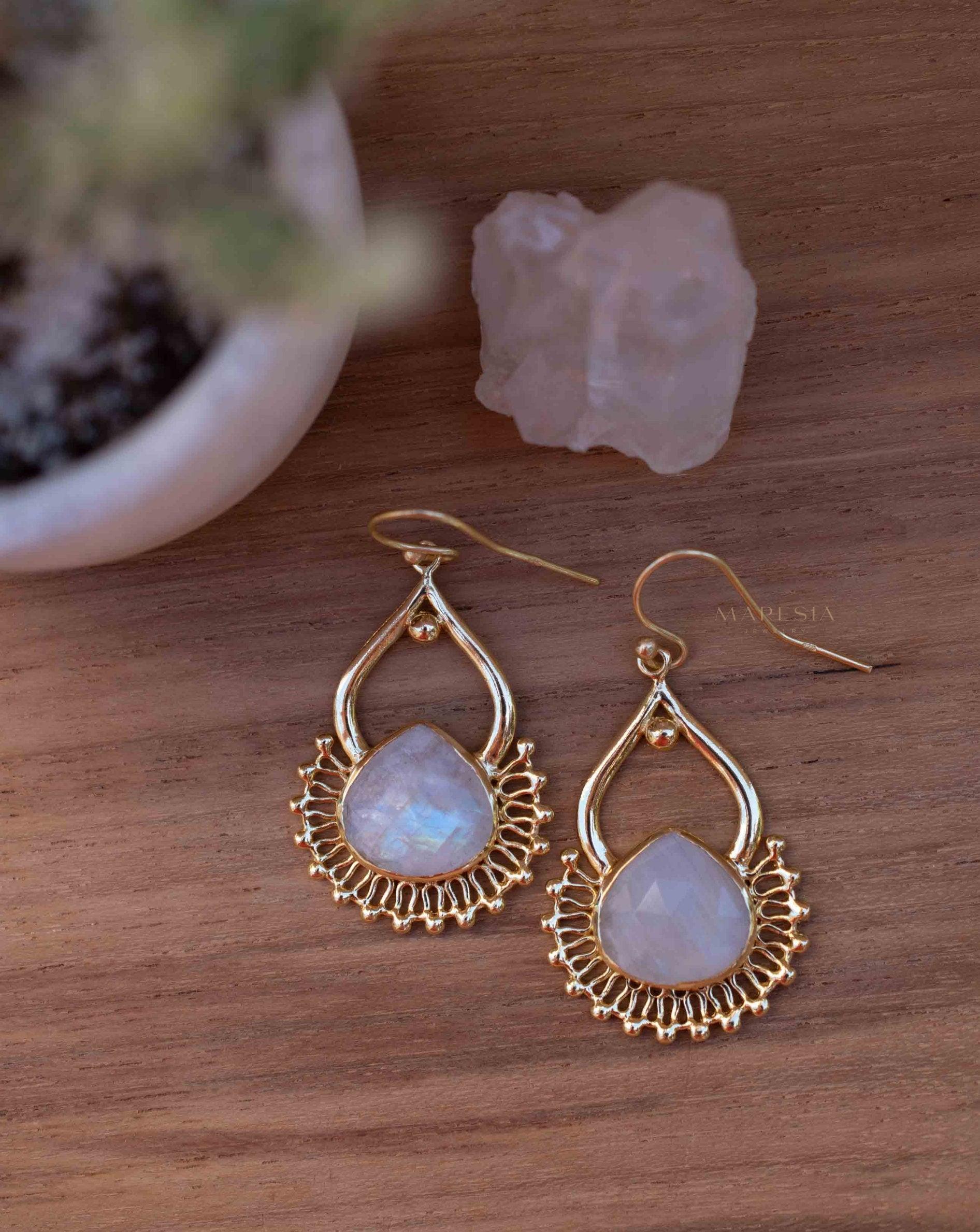 Moonstone 18k Gold Plated Earrings ~ Gemstone ~ Dangle Earrings ~Boho design ~ Handmade ~ Jewelry ~ Gift for her ~ ME185