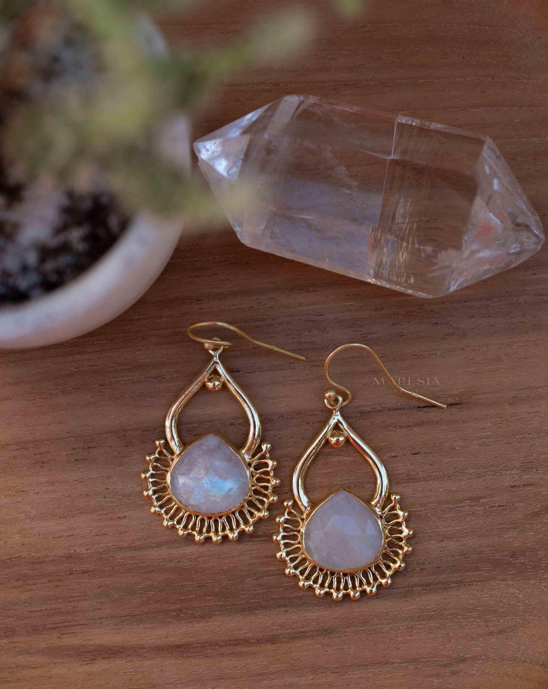 Moonstone 18k Gold Plated Earrings ~ Gemstone ~ Dangle Earrings ~Boho design ~ Handmade ~ Jewelry ~ Gift for her ~ ME185