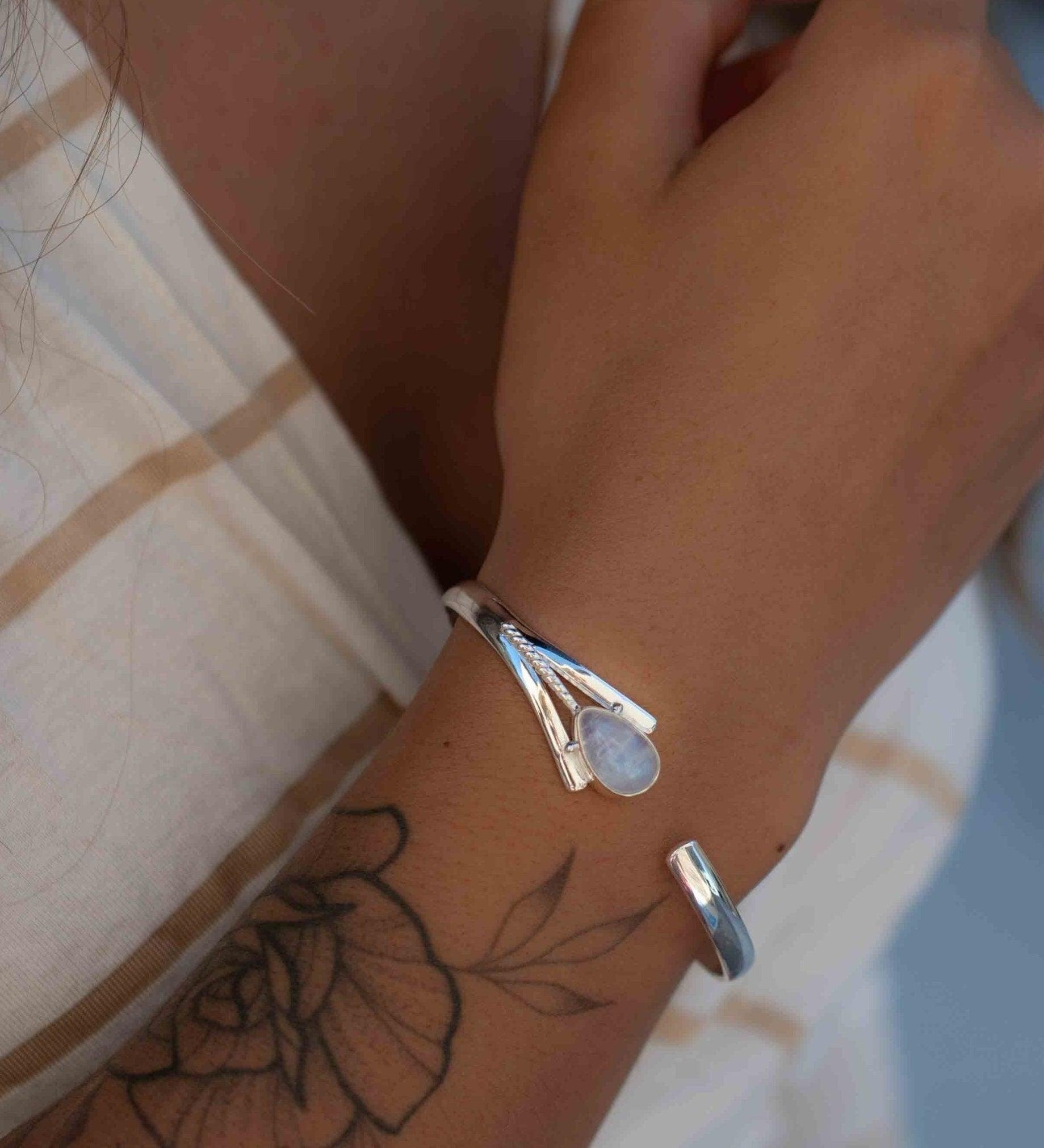 Moonstone Adjustable Bracelet ~ Sterling Silver 925 ~ Handmade ~ Statement ~Jewelry~ Minimalist ~ Genuine Stone ~ MB063