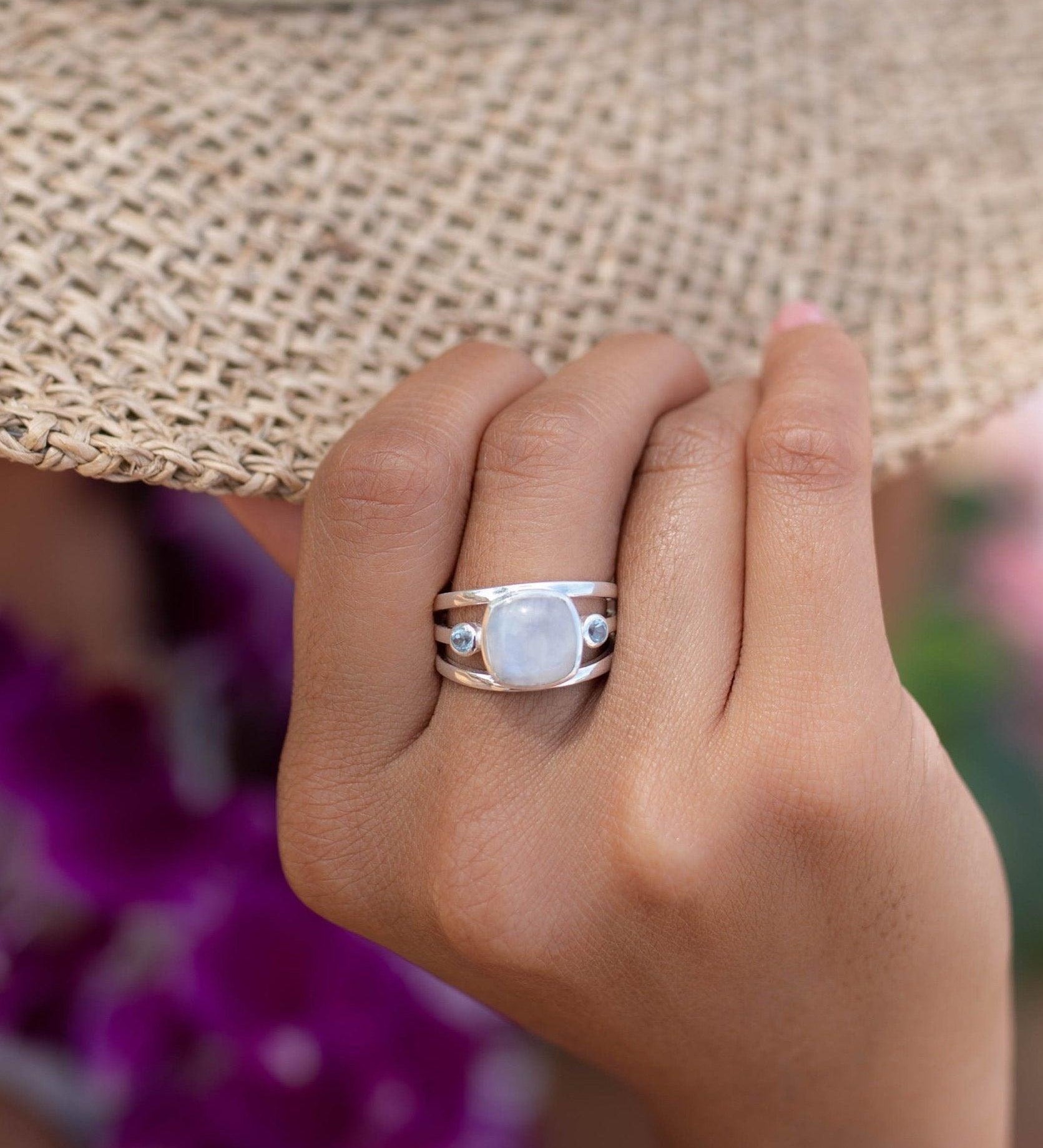 Moonstone & Blue Topaz Ring ~ Sterling Silver 925 ~ Handmade ~ Gemstone Hippie ~ Gypsy ~ Boho ~ Bohemian ~  Stunning~MR269