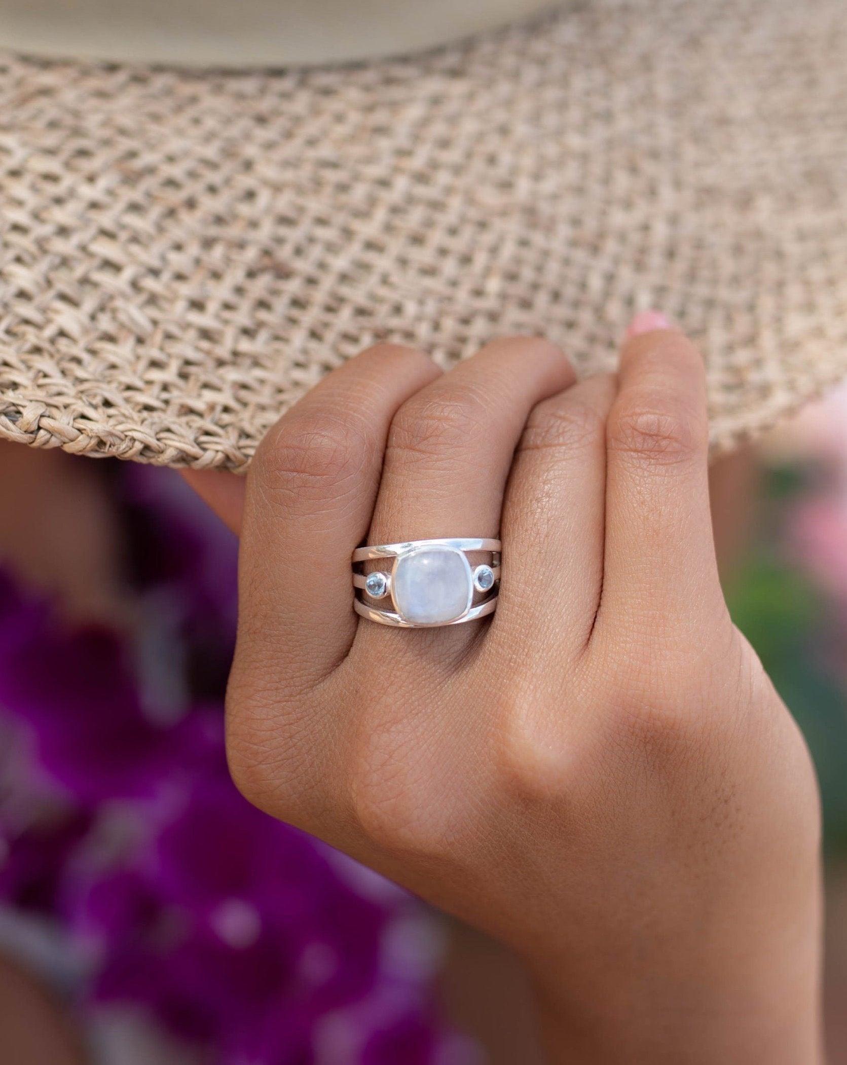 Moonstone & Blue Topaz Ring ~ Sterling Silver 925 ~ Handmade ~ Gemstone Hippie ~ Gypsy ~ Boho ~ Bohemian ~  Stunning~MR269
