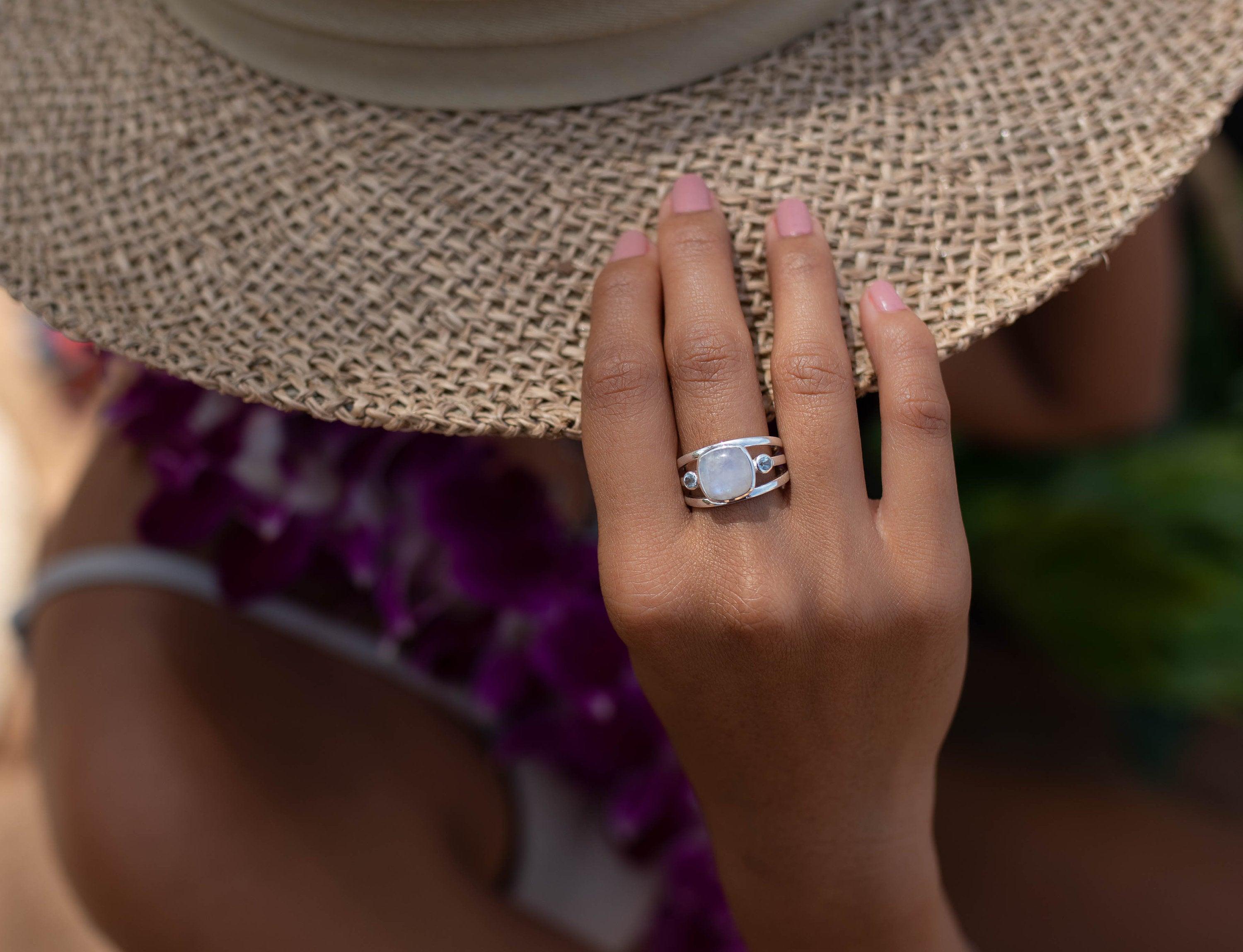 Moonstone & Blue Topaz Ring ~ Sterling Silver 925 ~ Handmade ~ Gemstone Hippie ~ Gypsy ~ Boho ~ Bohemian ~  Stunning~MR269