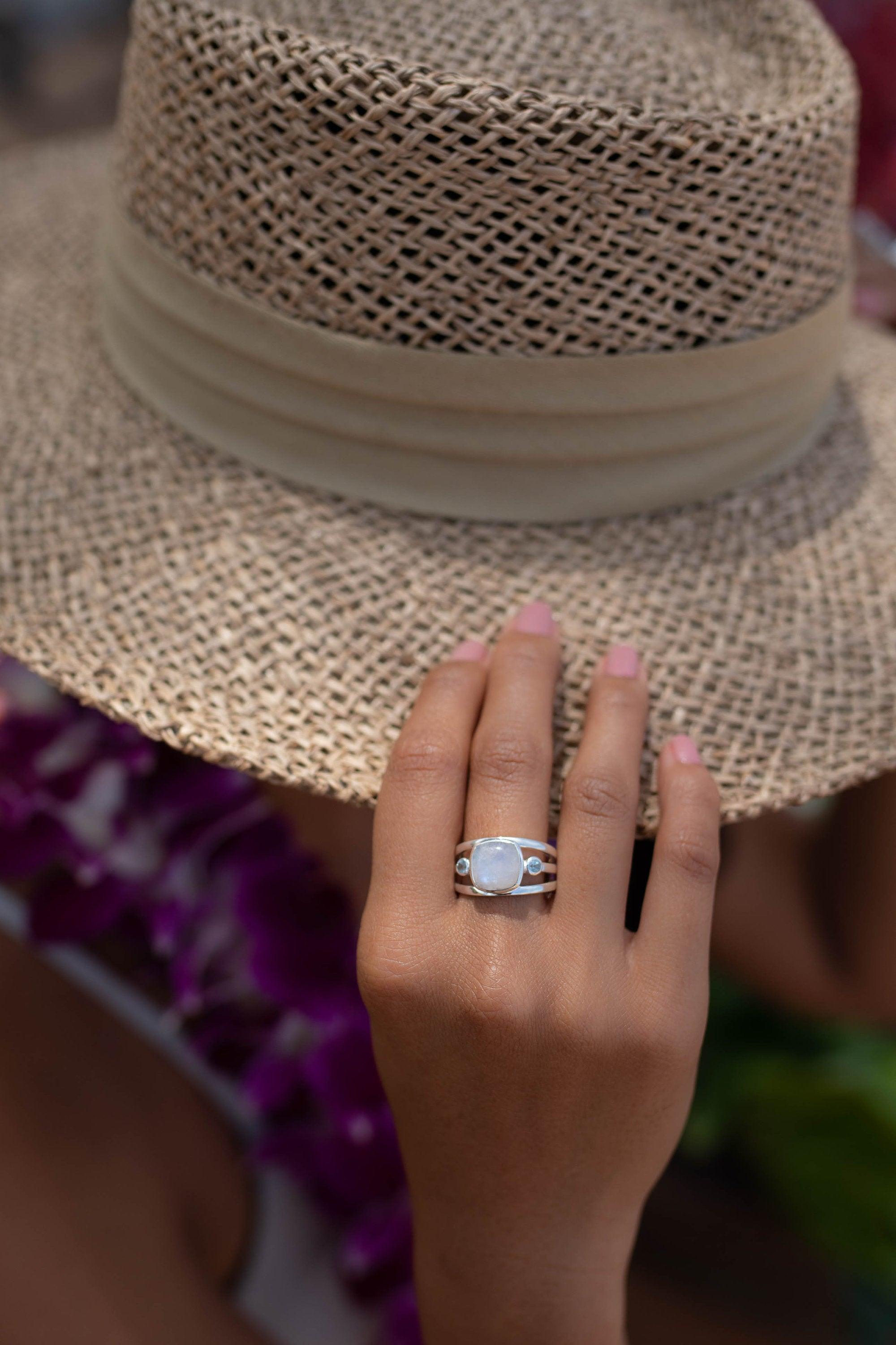 Moonstone & Blue Topaz Ring ~ Sterling Silver 925 ~ Handmade ~ Gemstone Hippie ~ Gypsy ~ Boho ~ Bohemian ~  Stunning~MR269