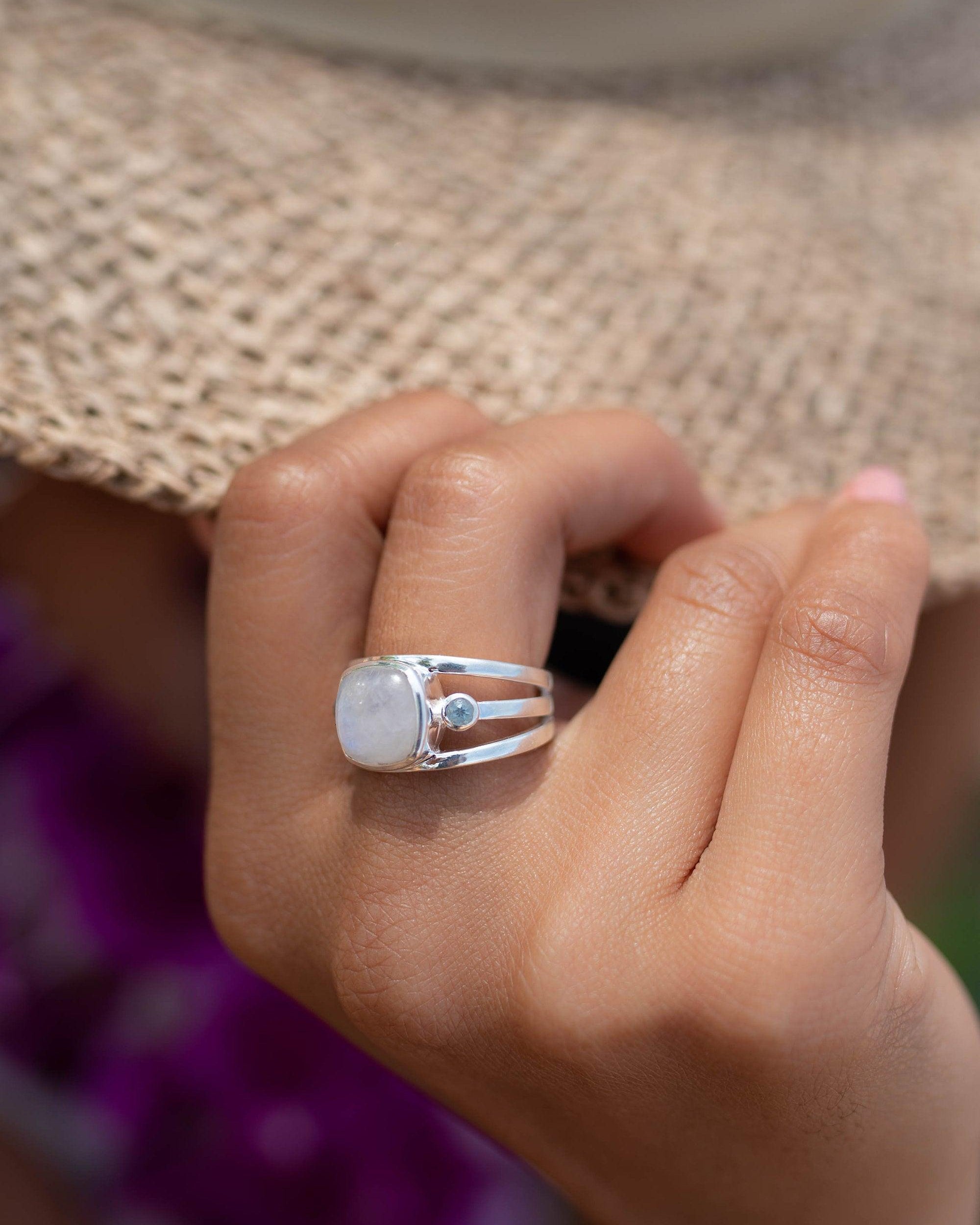 Moonstone & Blue Topaz Ring ~ Sterling Silver 925 ~ Handmade ~ Gemstone Hippie ~ Gypsy ~ Boho ~ Bohemian ~  Stunning~MR269
