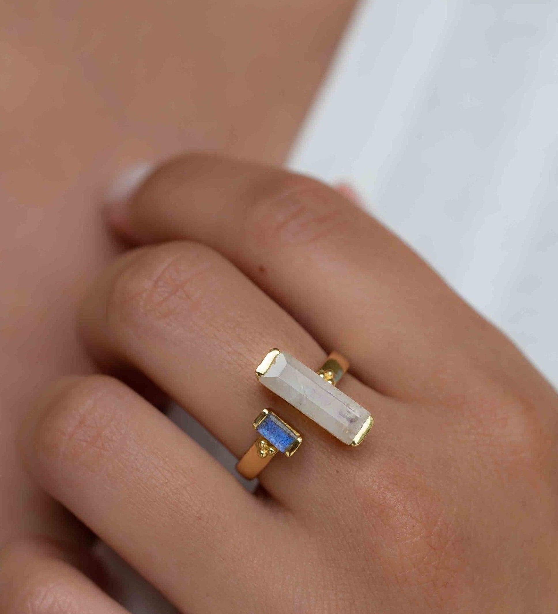 Moonstone & Labradorite Ring ~ Rectangular Stone ~ 18k Gold Plated ~ Jewelry ~ Handmade  ~ Boho ~ MR316